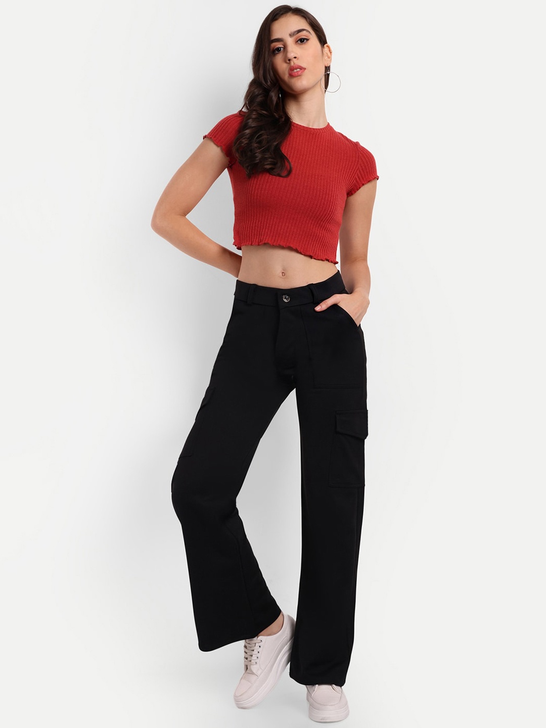 

BROADSTAR Women Smart Loose Fit High-Rise Easy Wash Cargos, Black
