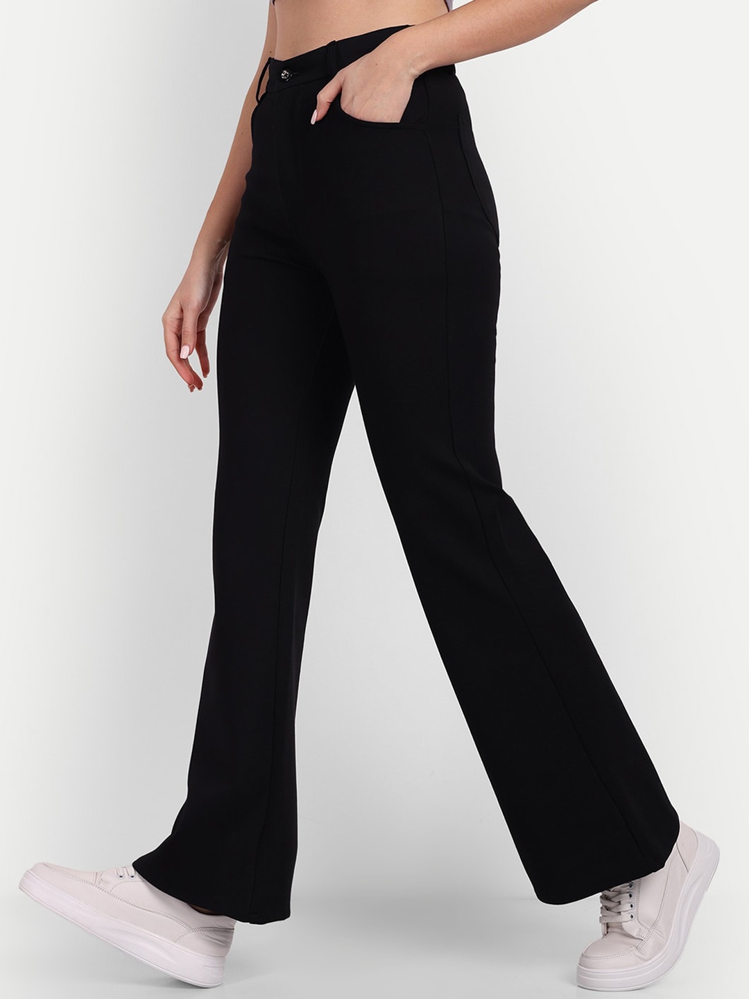 

BROADSTAR Women Smart Flared High-Rise Easy Wash Bootcut Trousers, Black