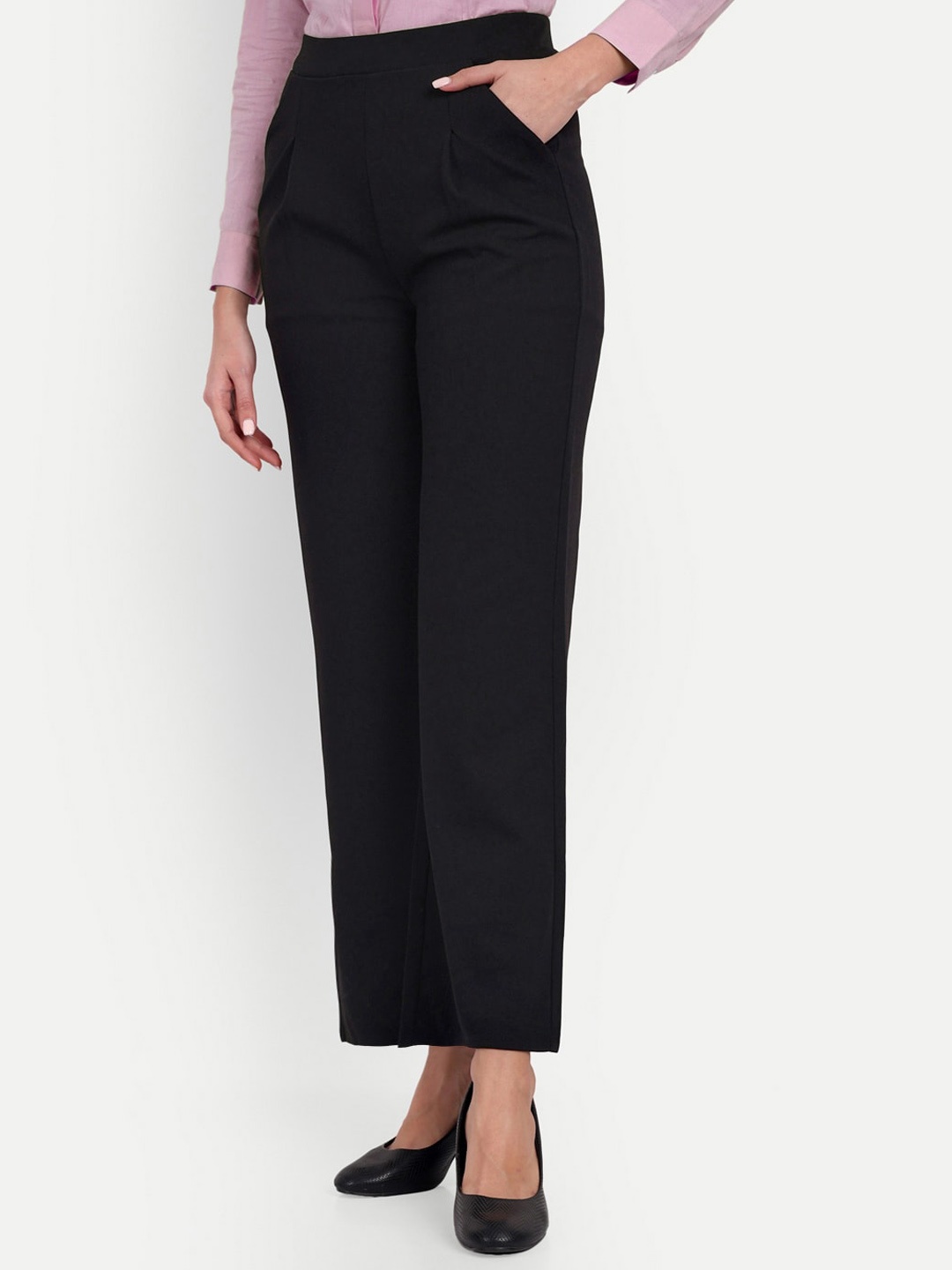 

BROADSTAR Women Smart Straight Fit High-Rise Easy Wash Formal Trousers, Black