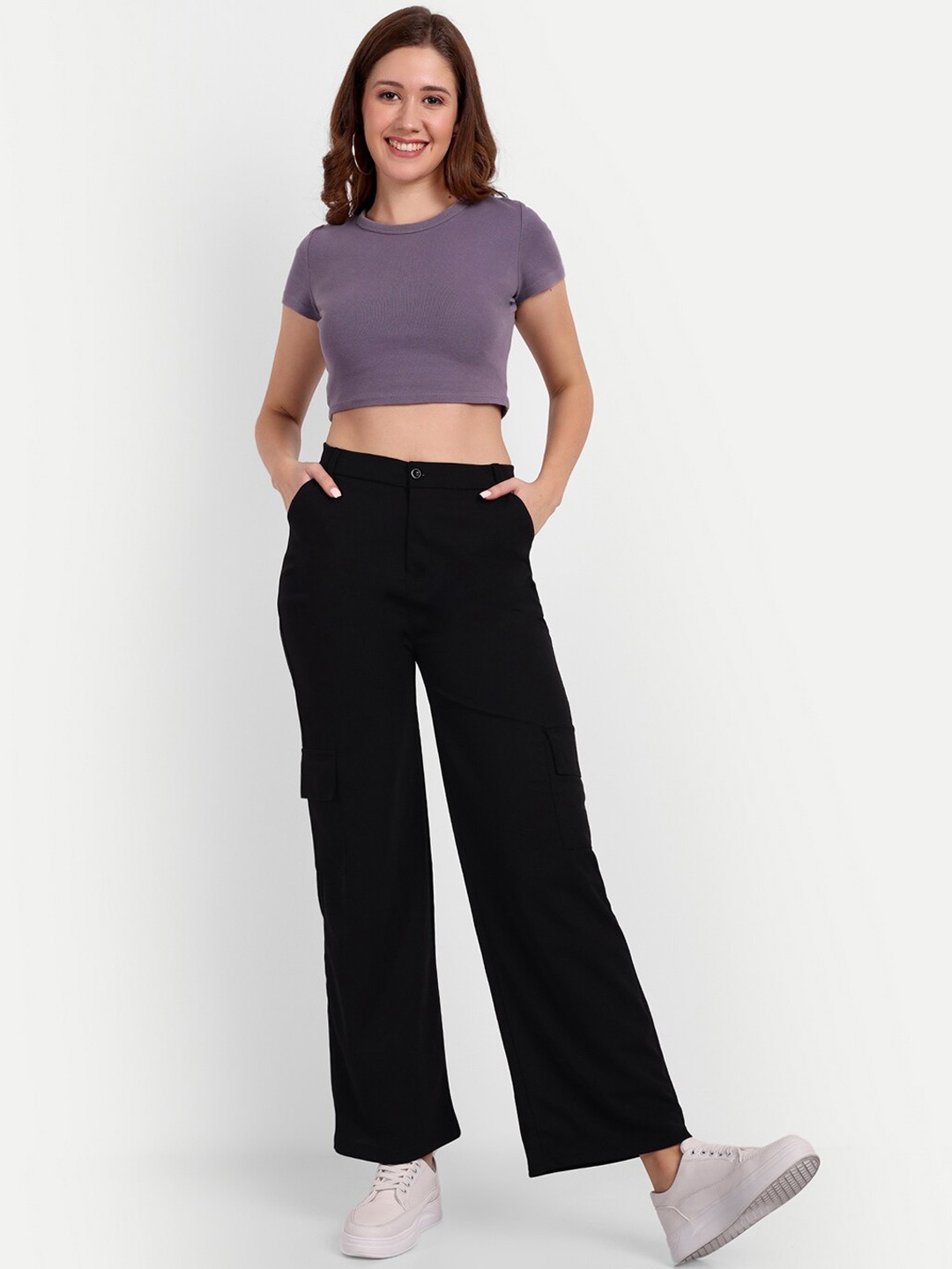

BROADSTAR Women Black Smart Loose Fit High-Rise Easy Wash Cotton Trousers
