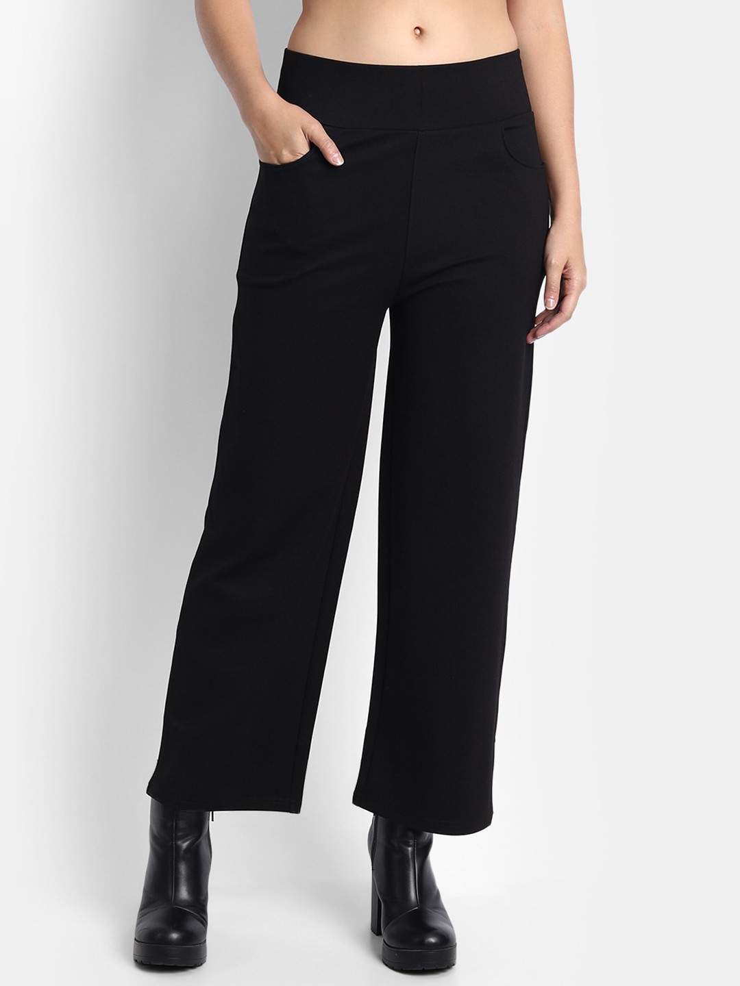

BROADSTAR Women Smart Straight Fit High-Rise Easy Wash Parallel Trousers, Black