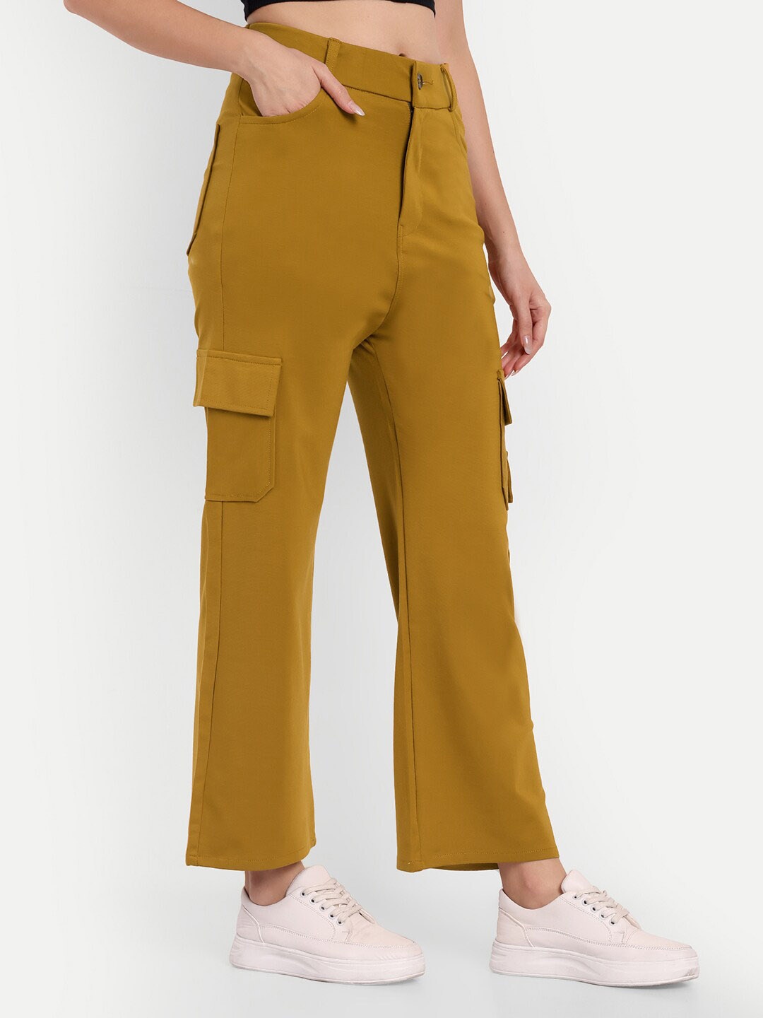 

BROADSTAR Women Smart Straight Fit High-Rise Easy Wash Cargos Trousers, Mustard