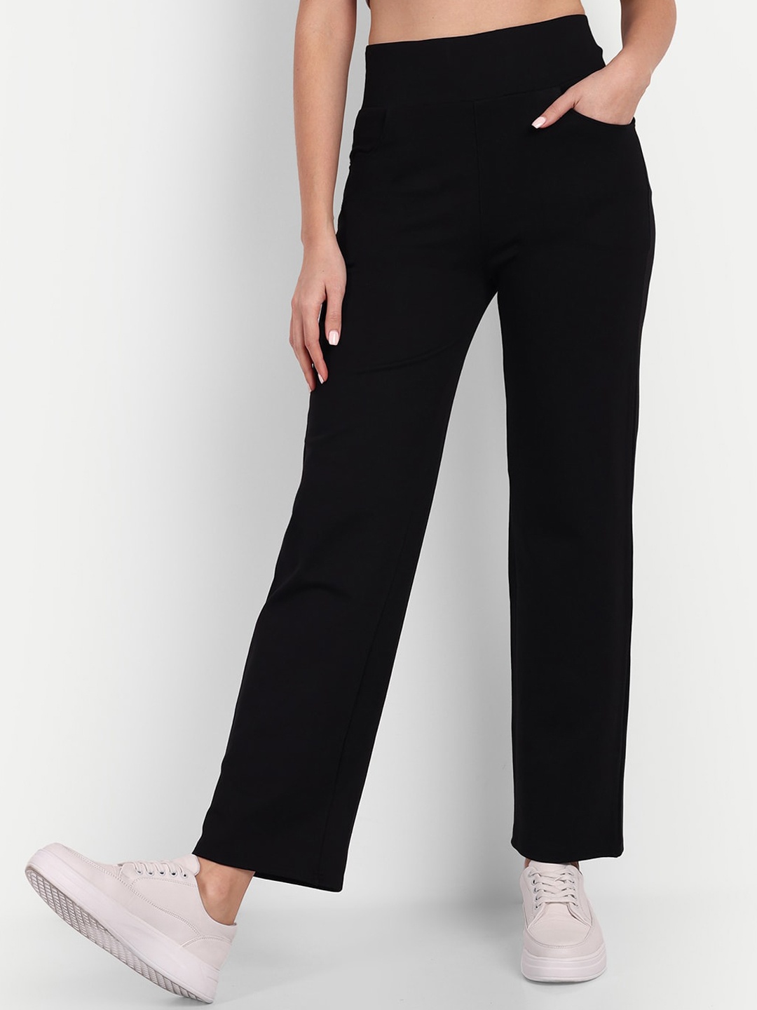

BROADSTAR Women Smart Straight Fit High-Rise Easy Wash Stretchable Trousers, Black
