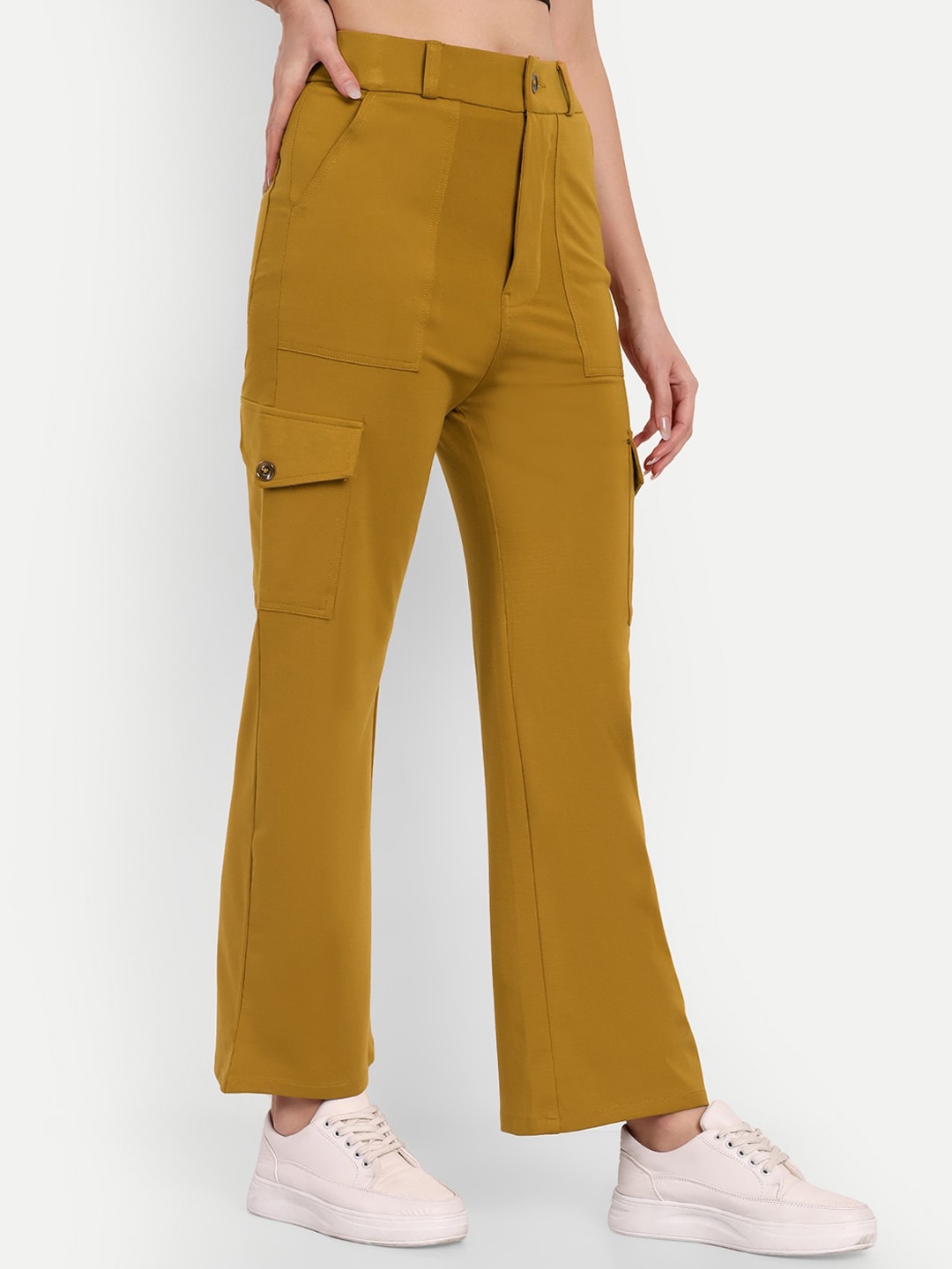 

BROADSTAR Women Smart Straight Fit High-Rise Easy Wash Cargos Trousers, Mustard