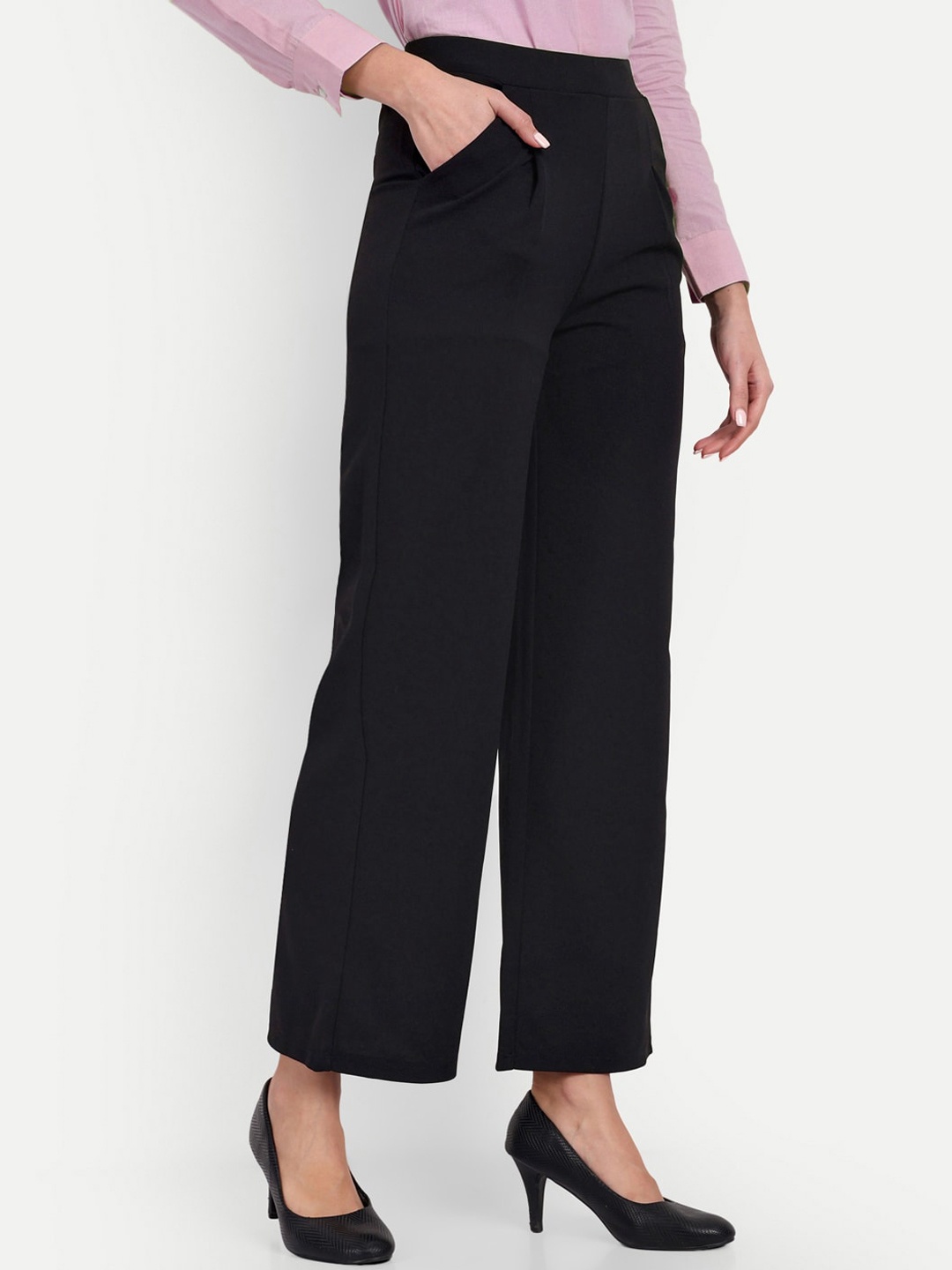 

BROADSTAR Women Smart Loose Fit High-Rise Easy Wash Cotton Parallel Trouser, Black