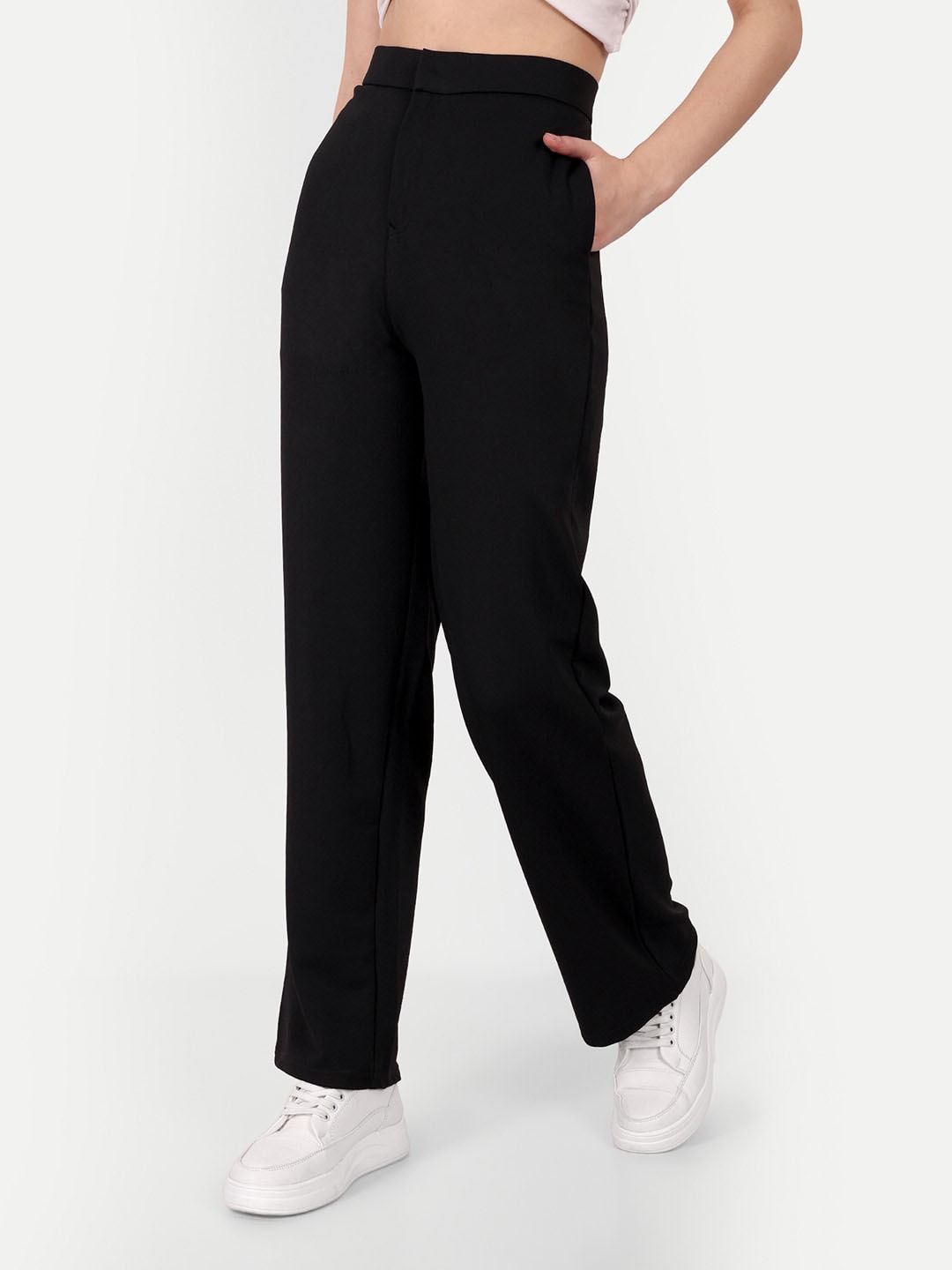 

BROADSTAR Women Black Smart Straight Fit High-Rise Easy Wash Trousers