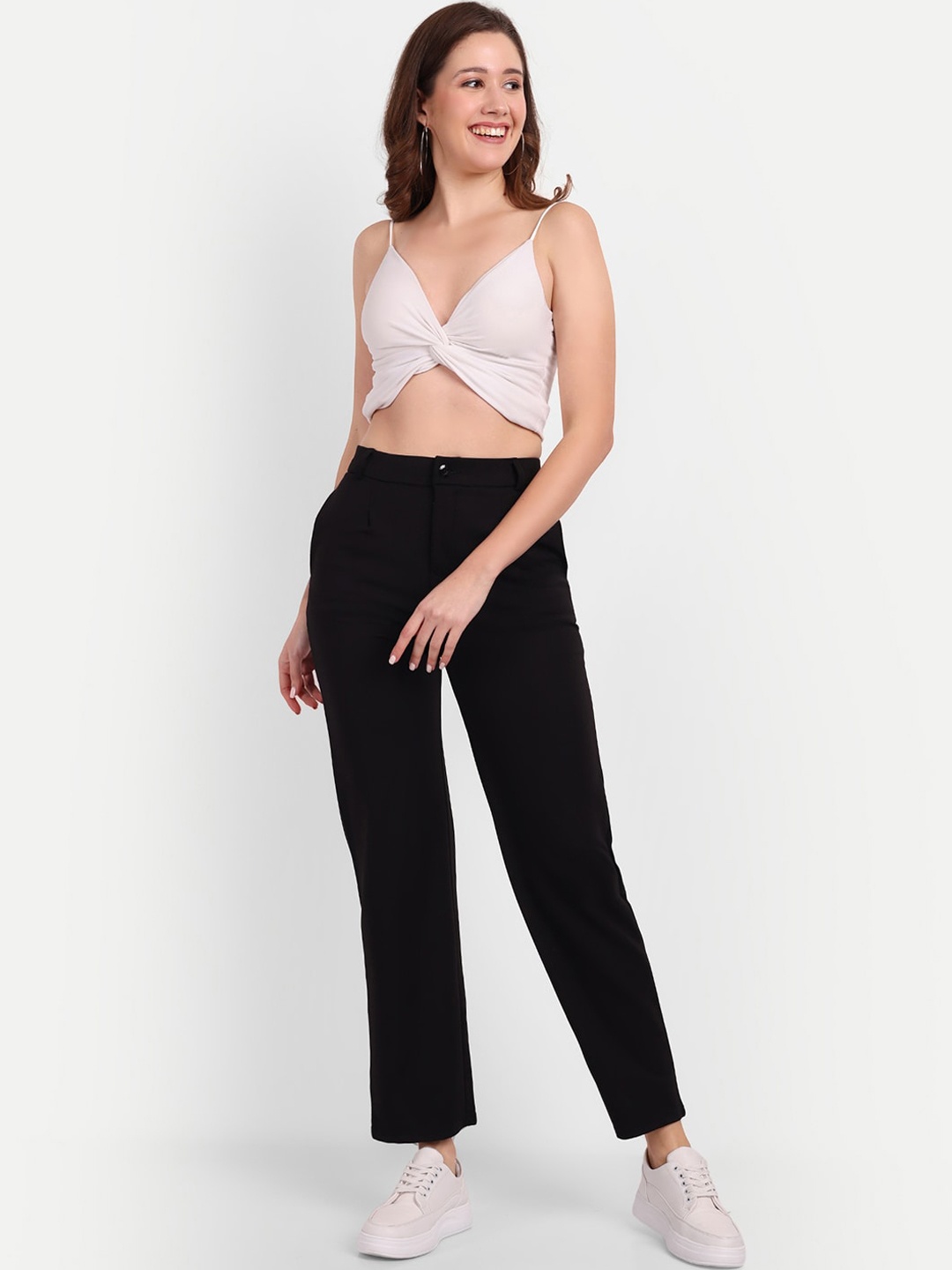 

BROADSTAR Women Smart Straight Fit High-Rise Easy Wash Trousers, Black