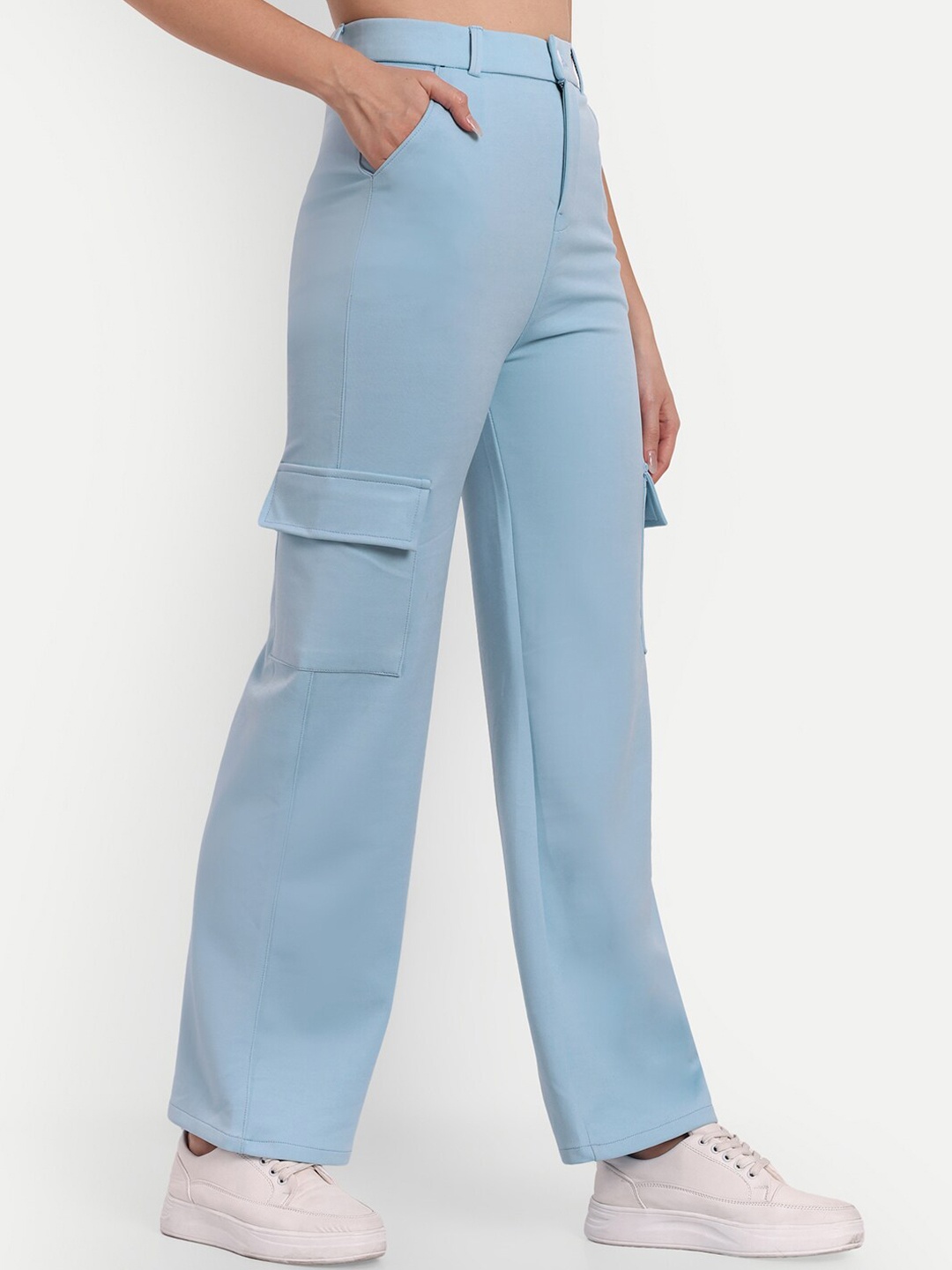 

BROADSTAR Women Smart Straight Fit High-Rise Easy Wash Cargo Trousers, Blue