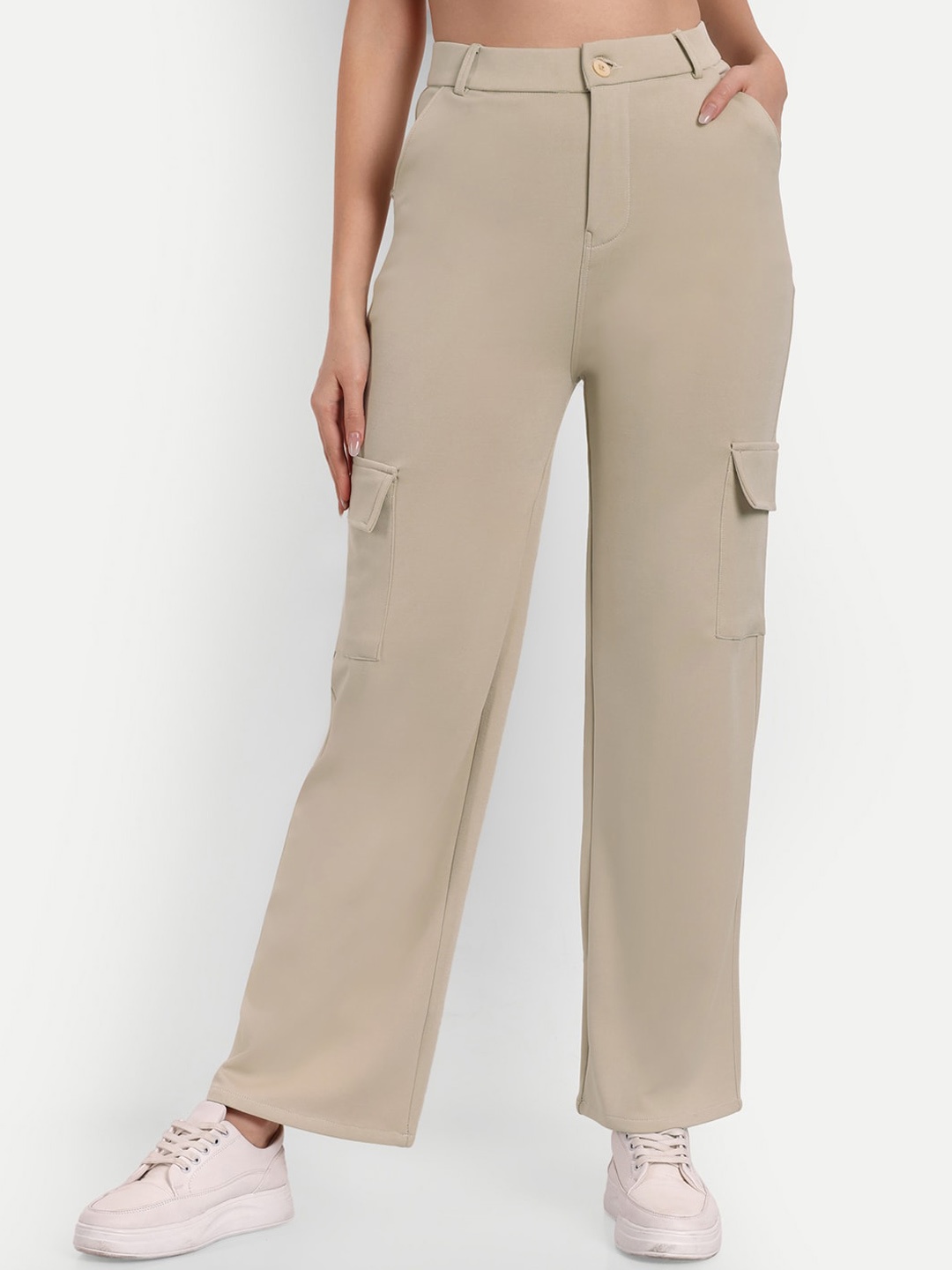 

BROADSTAR Women Smart Straight Fit High-Rise Easy Wash Cargo Trousers, Cream