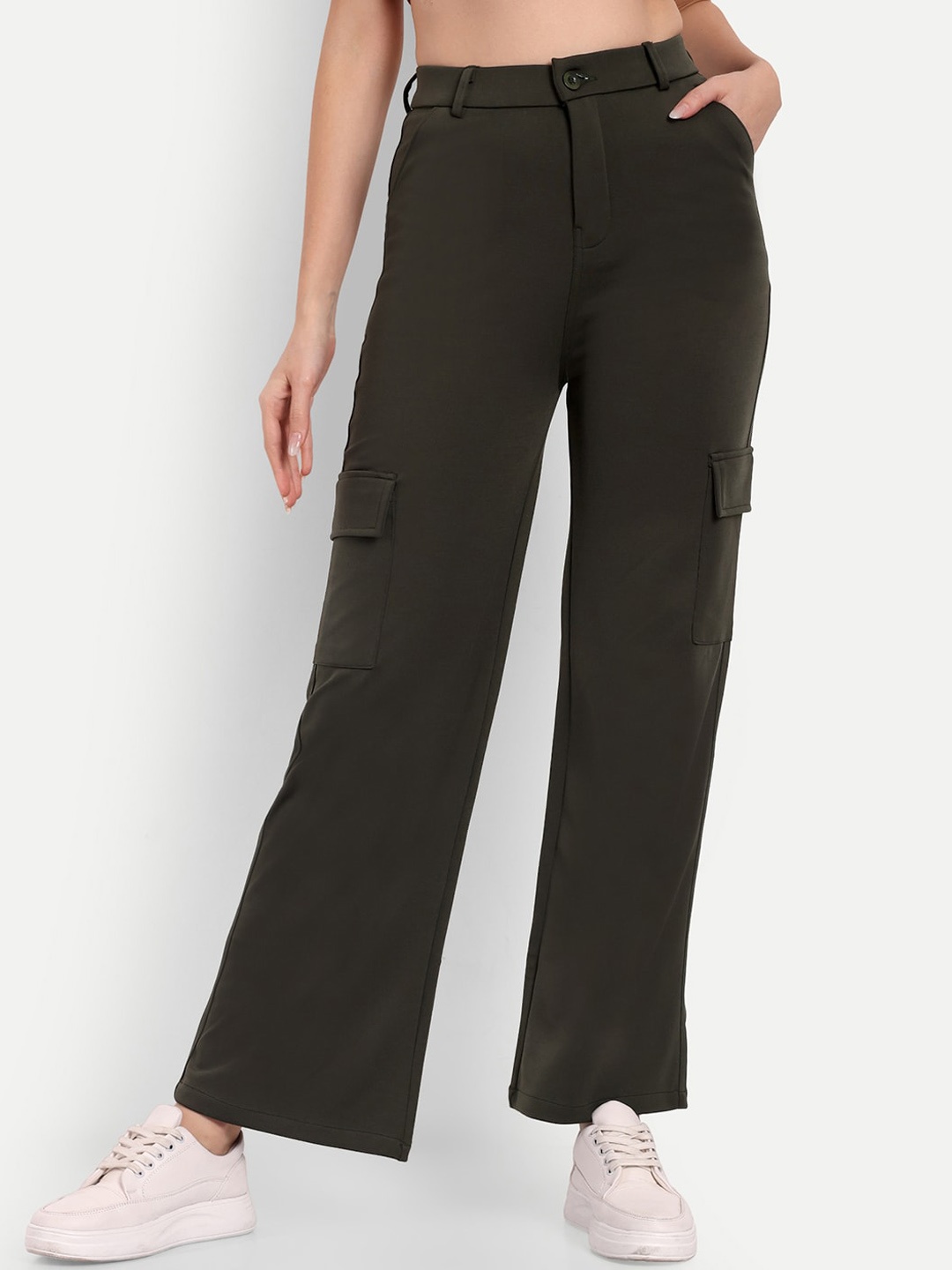 

BROADSTAR Women Smart Straight Fit High-Rise Easy Wash Cargos Trousers, Olive
