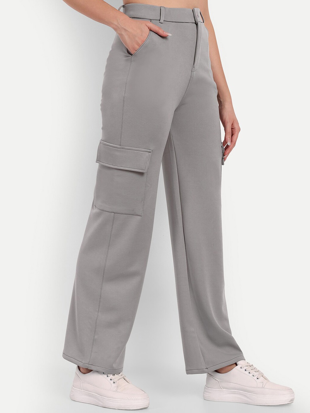 

BROADSTAR Women Smart Straight Fit High-Rise Easy Wash Cargos, Grey