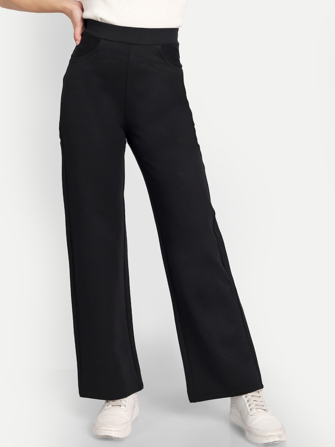 

BROADSTAR Women Smart Straight Fit Easy Wash Stretchable Parallel Trousers, Black
