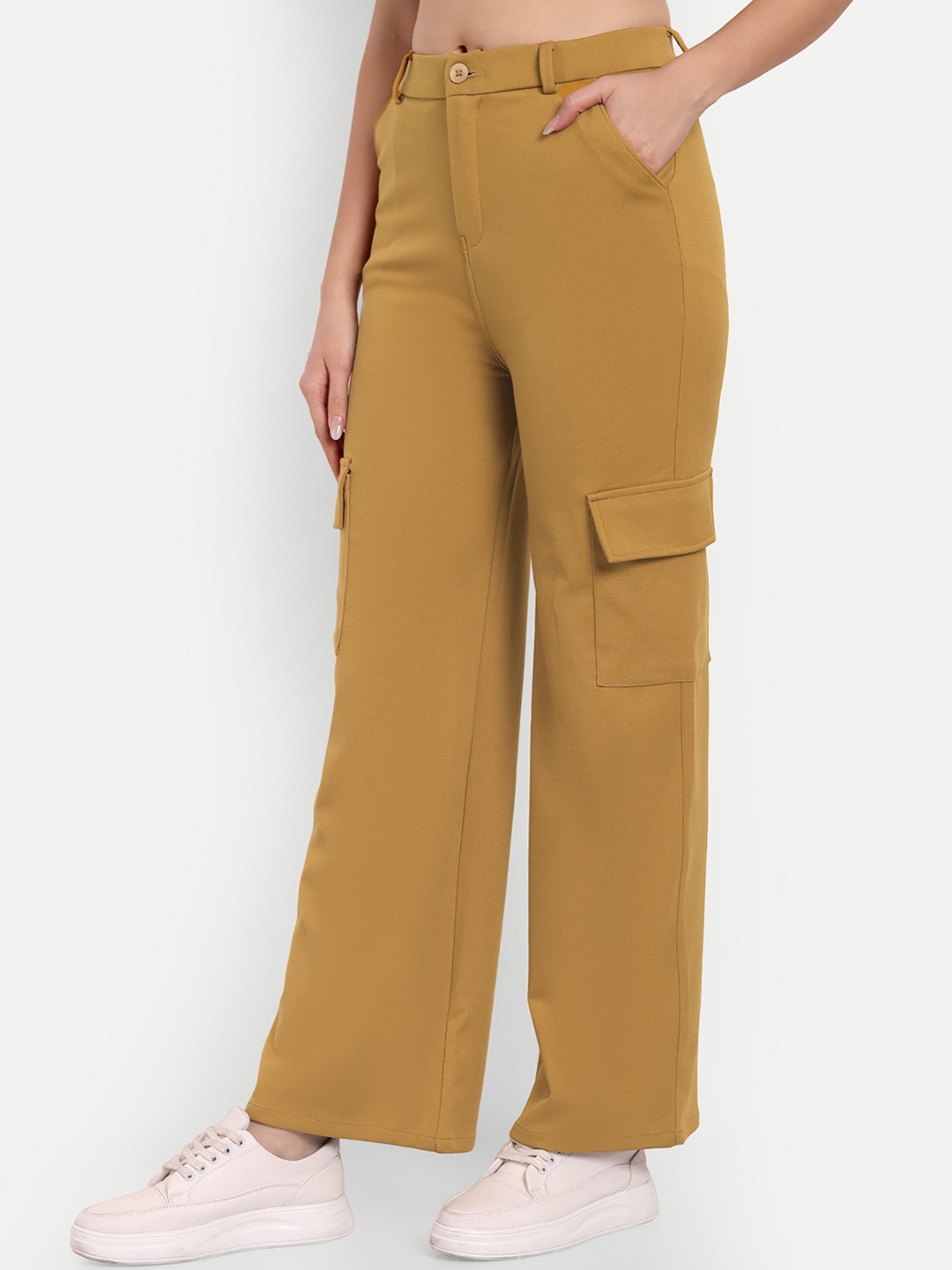 

BROADSTAR Women Smart Straight Fit High-Rise Easy Wash Cotton Cargos, Mustard