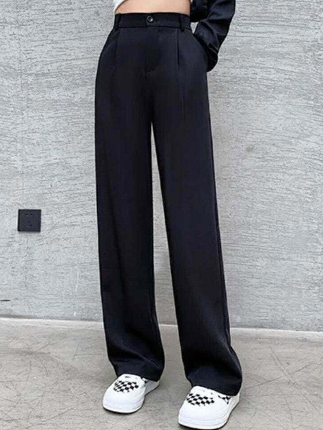 

BROADSTAR Women Straight Fit High-Rise Regular Trousers, Black