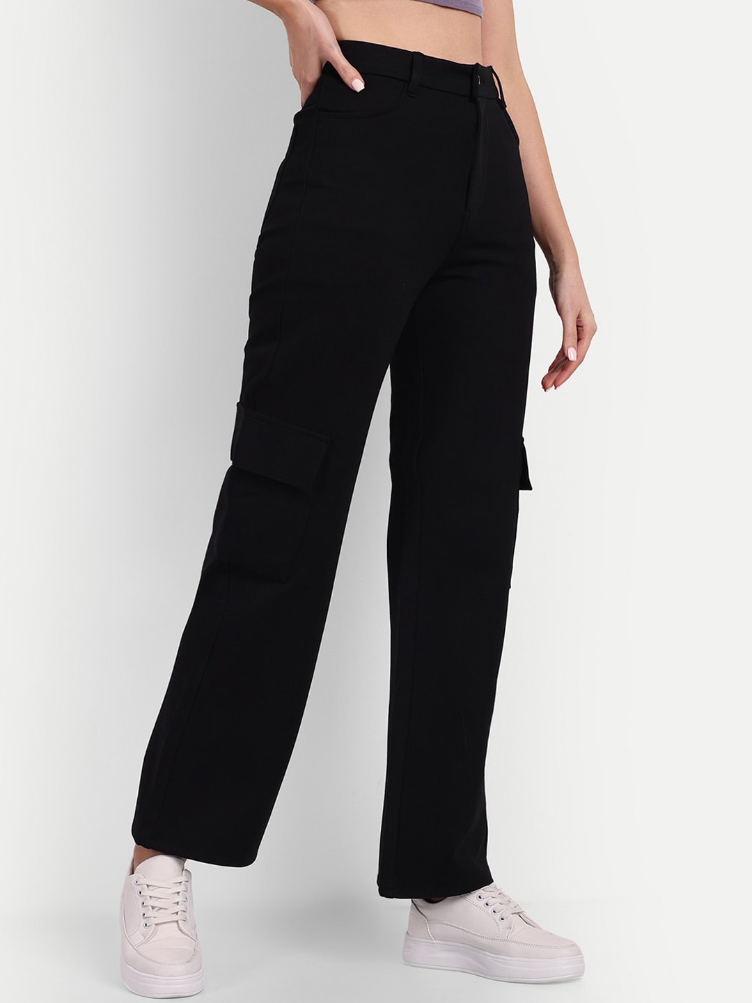 

BROADSTAR Women Smart High-Rise Easy Wash Cotton Cargos, Black