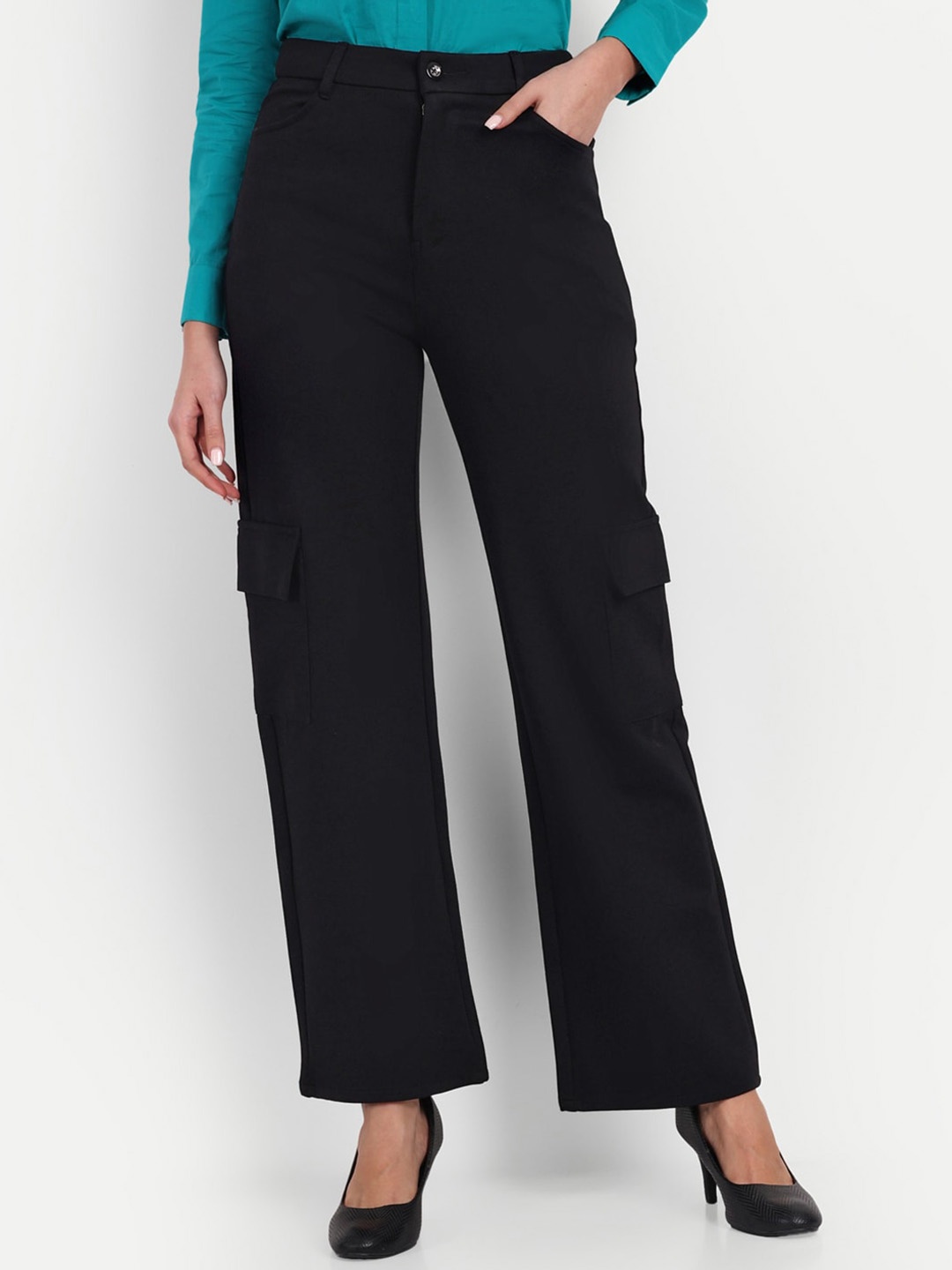 

BROADSTAR Women Smart Loose Fit High-Rise Easy Wash Cotton Cargos Trousers, Black