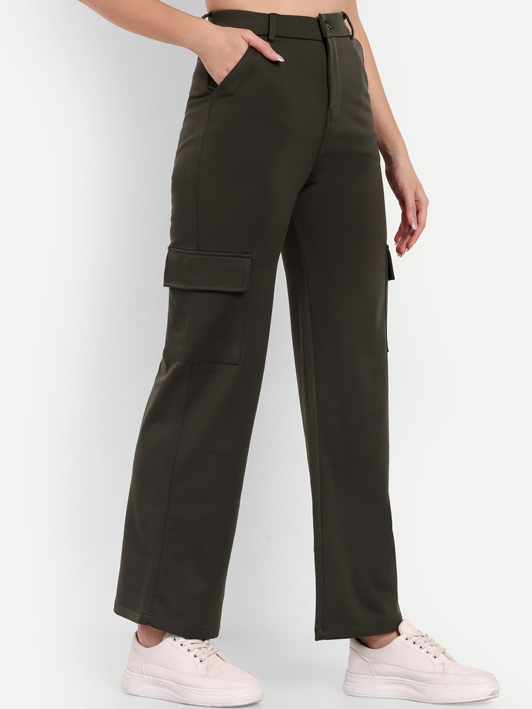 

BROADSTAR Women Smart Straight Fit High-Rise Cargos Trousers, Olive