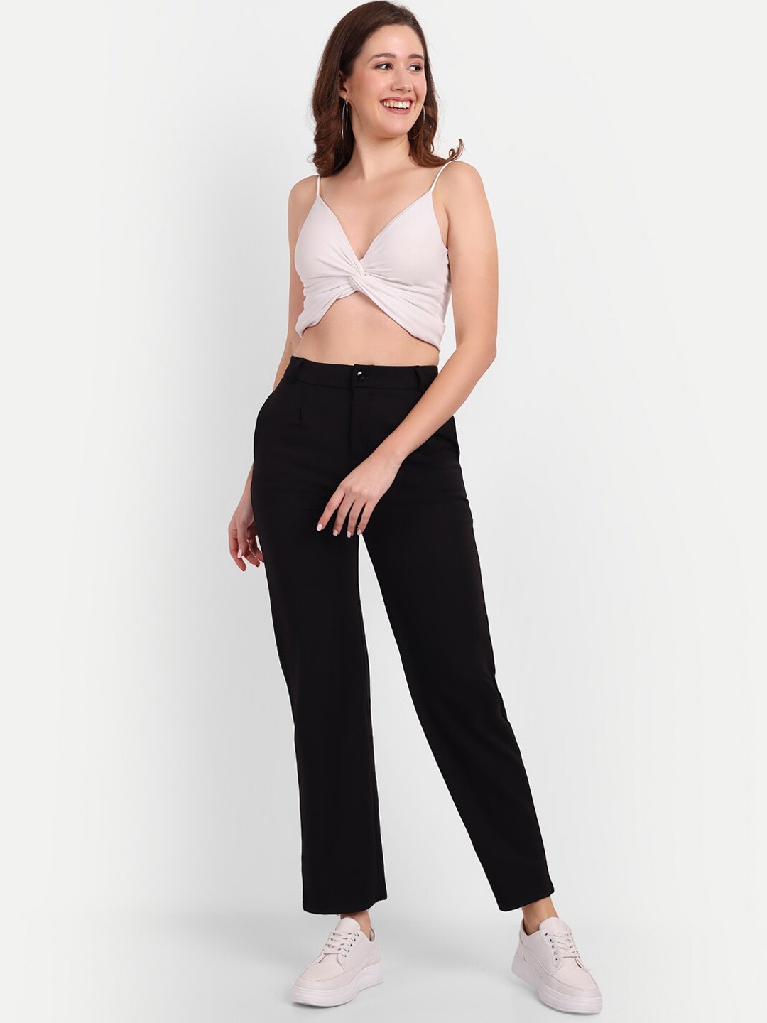 

BROADSTAR Women Straight Fit High-Rise Regular Trousers, Black