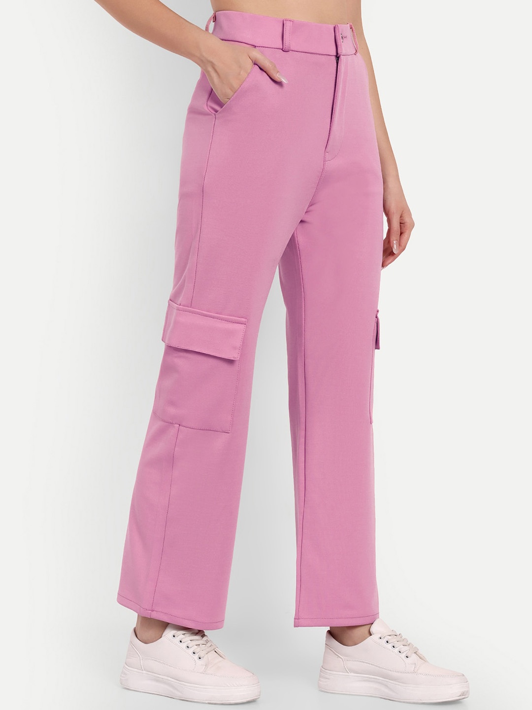 

BROADSTAR Women Straight Fit High-Rise Cargos Trousers, Pink