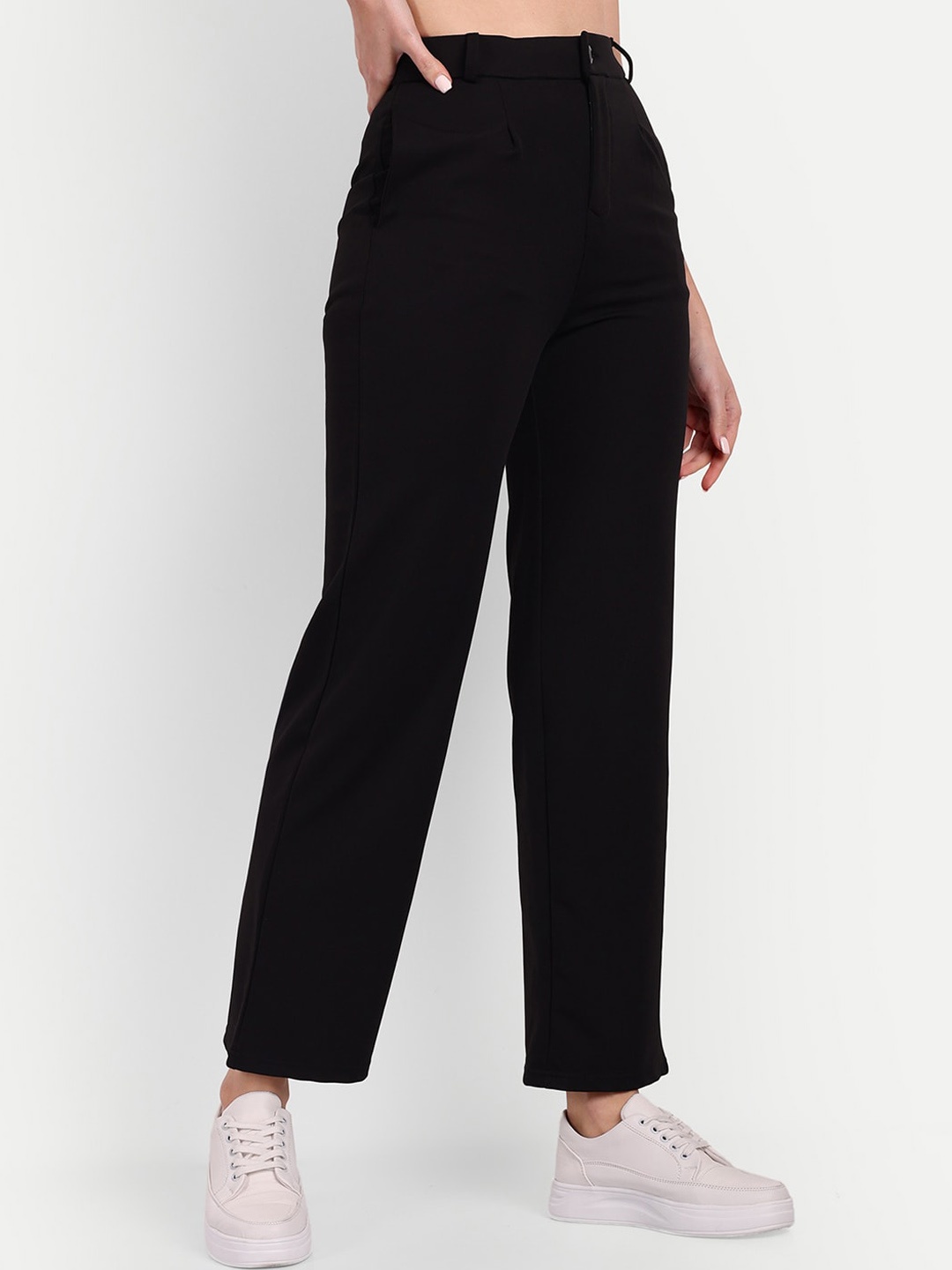 

BROADSTAR Women Smart High-Rise Easy Wash Cotton Straight Fit Trousers, Black