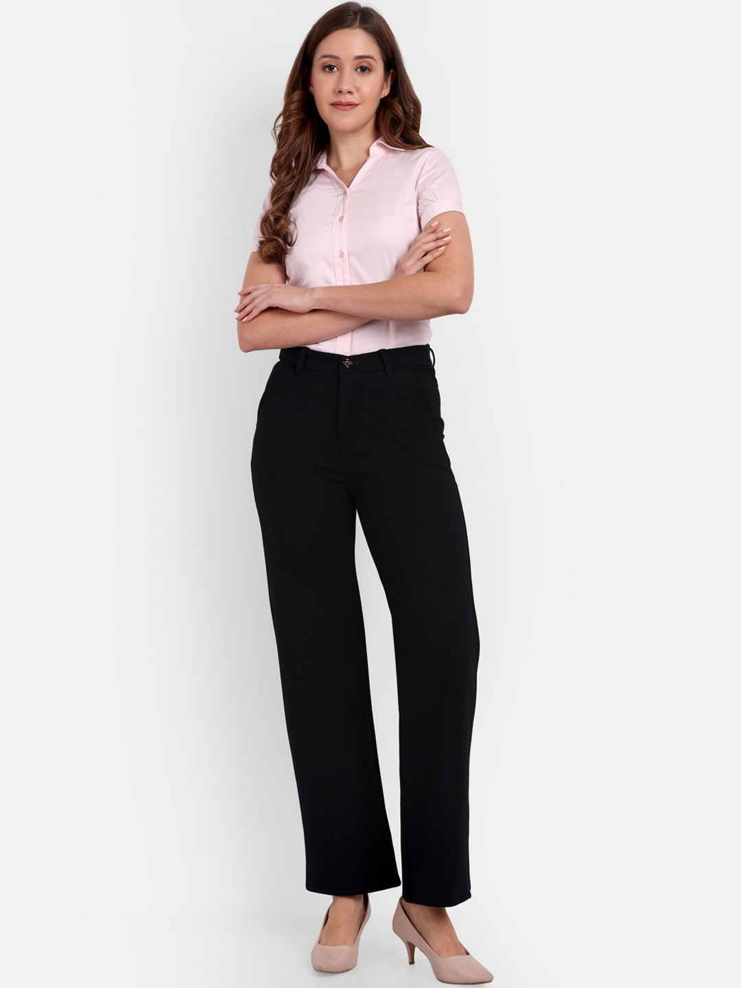 

BROADSTAR Women Smart Loose Fit High-Rise Easy Wash Parallel Trousers, Black