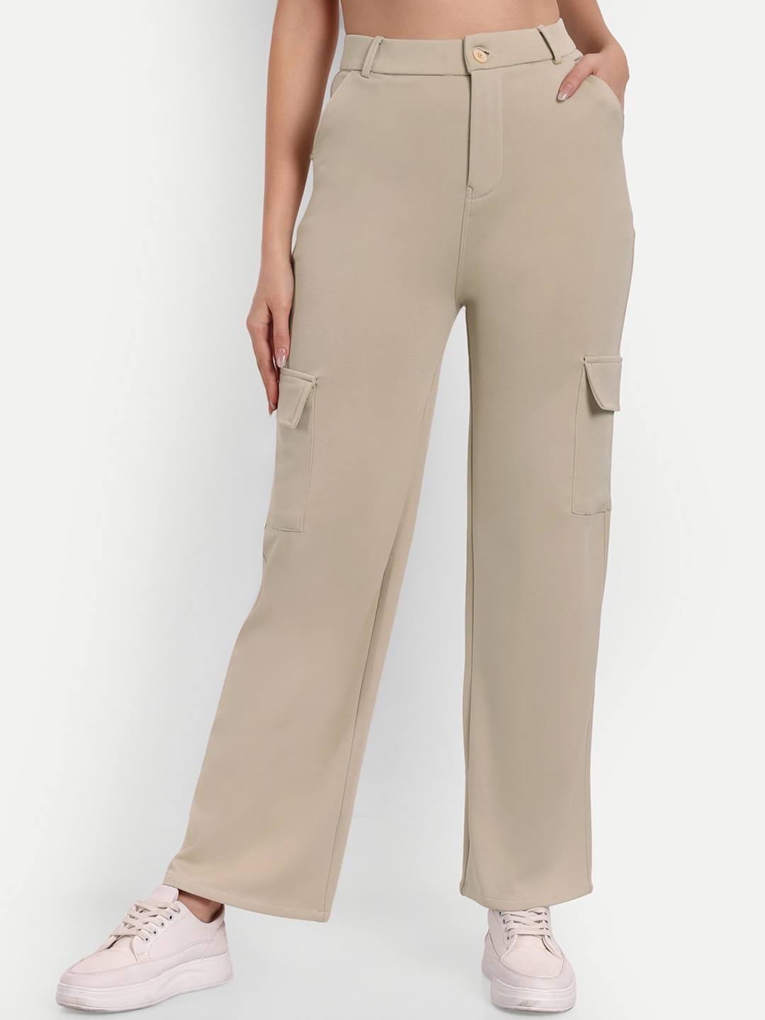

BROADSTAR Women Smart Straight Fit High-Rise Easy Wash Trousers, Cream