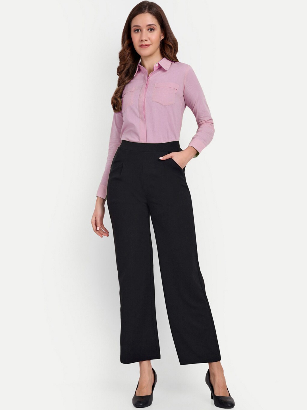 

BROADSTAR Women Smart Loose Fit High-Rise Easy Wash Formal Parallel Trousers, Black