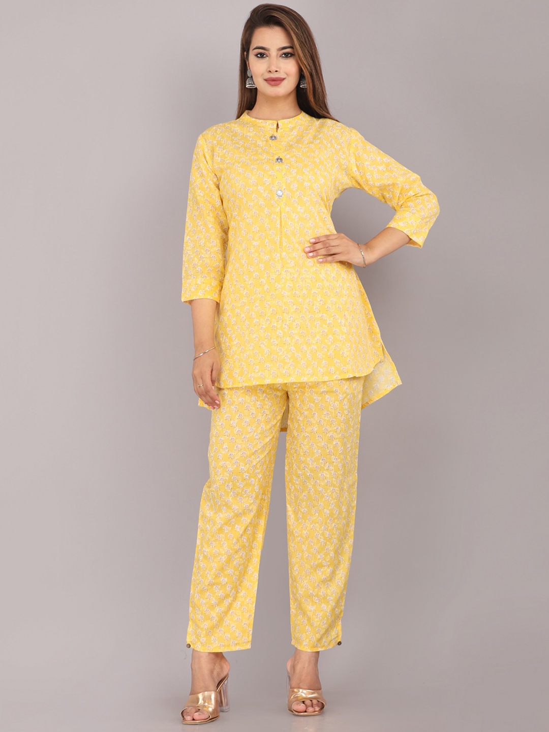

JC4U Floral Printed Pure Cotton Tunic With Trousers, Yellow