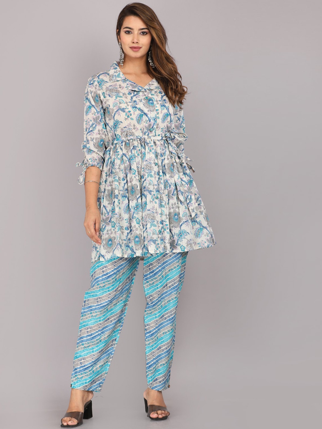 

JC4U Floral Printed Pleated Pure Cotton Kurti with Pyjamas, Blue