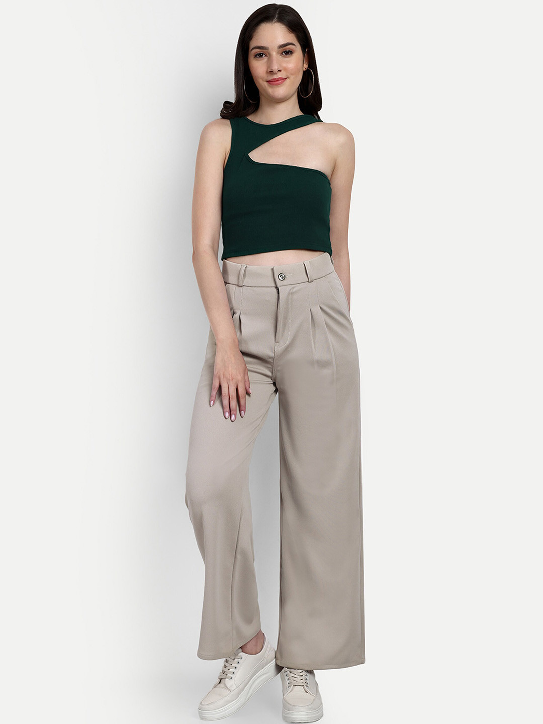

BROADSTAR Women Smart Loose Fit High-Rise Easy Wash Cotton Trousers, Beige