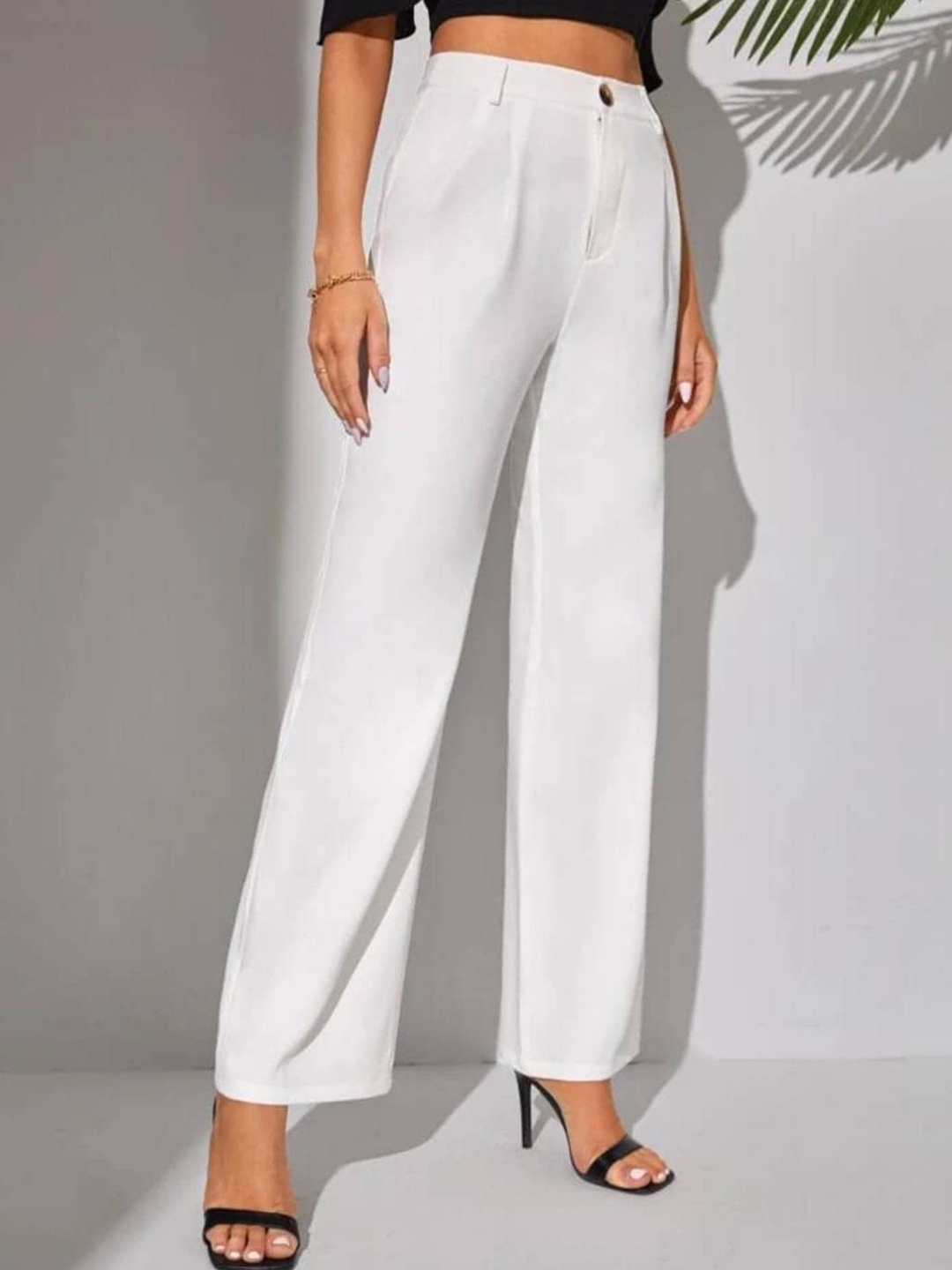 

BROADSTAR Women Smart Loose Fit High-Rise Easy Wash Cotton Parallel Trousers, White