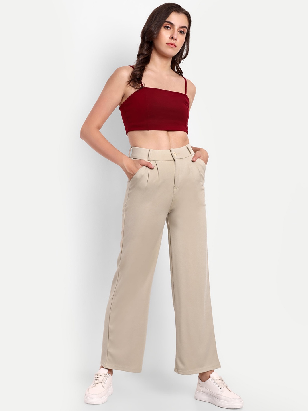 

BROADSTAR Women Pleated Korean Pants, Cream