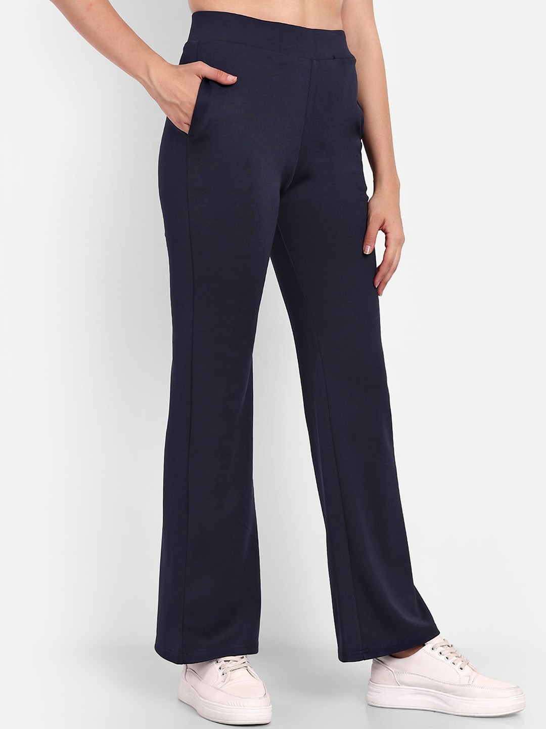 

BROADSTAR Women Smart Flared High-Rise Easy Wash Bootcut Trousers, Navy blue