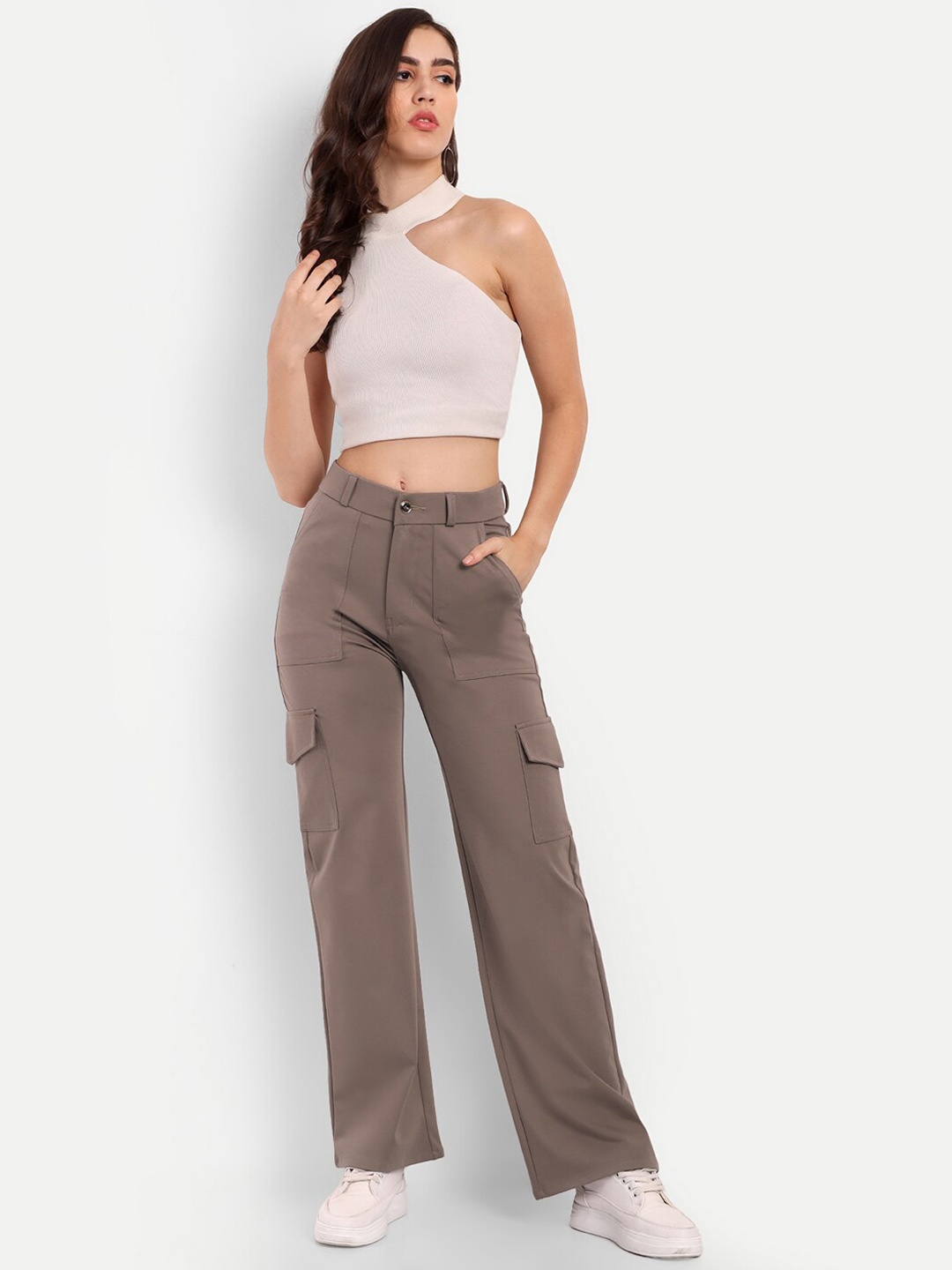 

BROADSTAR Women Smart Straight Fit High-Rise Easy Wash Cargo, Brown