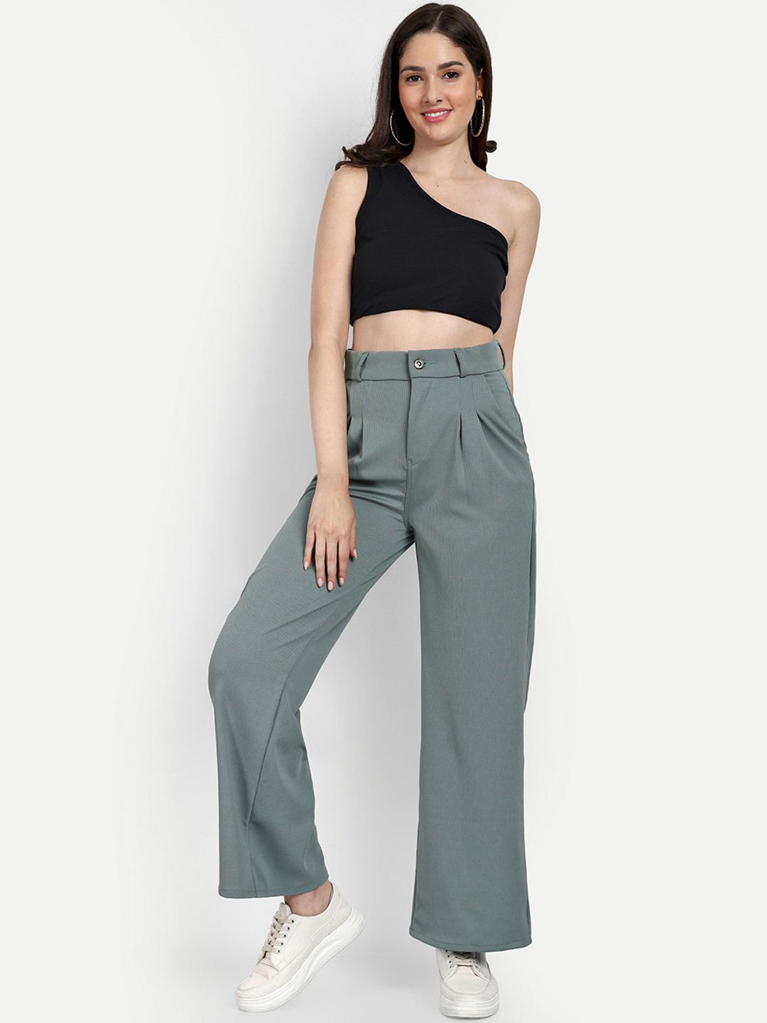 

BROADSTAR Women Smart Loose Fit High-Rise Easy Wash Pleated Parallel Trousers, Sea green
