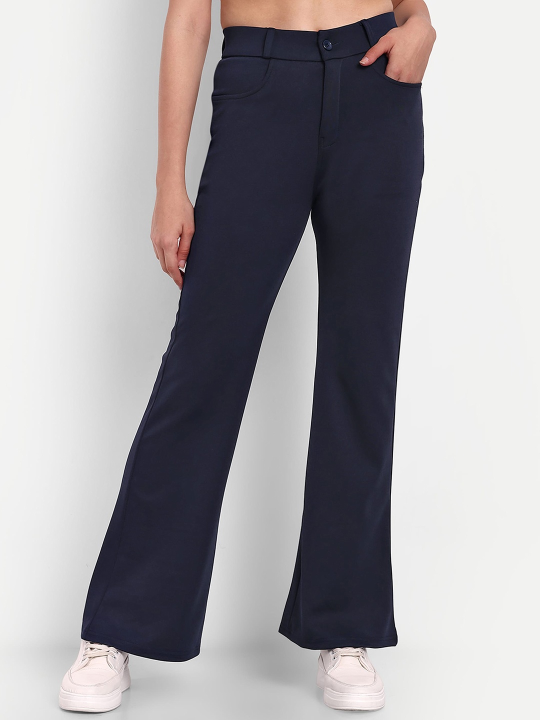 

BROADSTAR Women Smart Flared High-Rise Easy Wash Bootcut Trousers, Navy blue