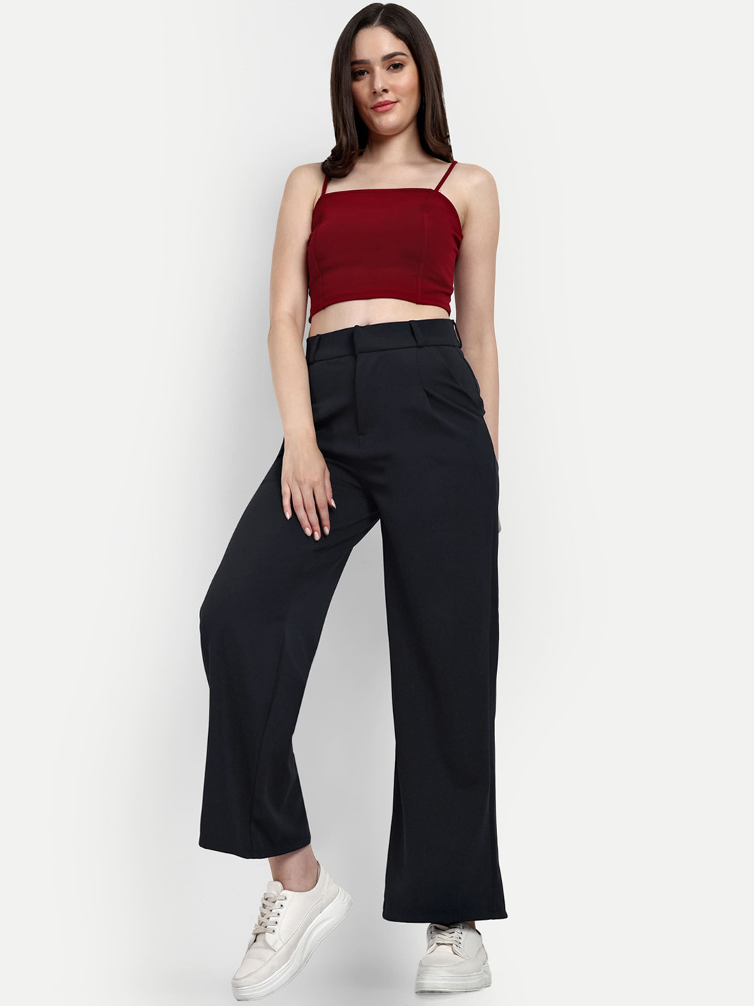 

BROADSTAR Women Smart Loose Fit High-Rise Easy Wash Parallel Trousers, Navy blue