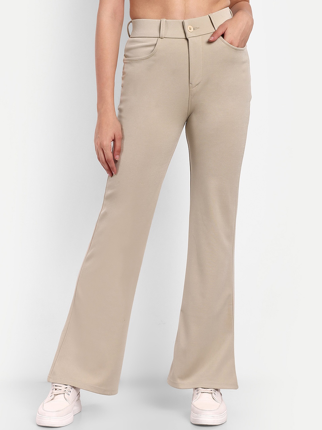 

BROADSTAR Women Beige Smart Flared High-Rise Easy Wash Stretchable Bootcut Trousers