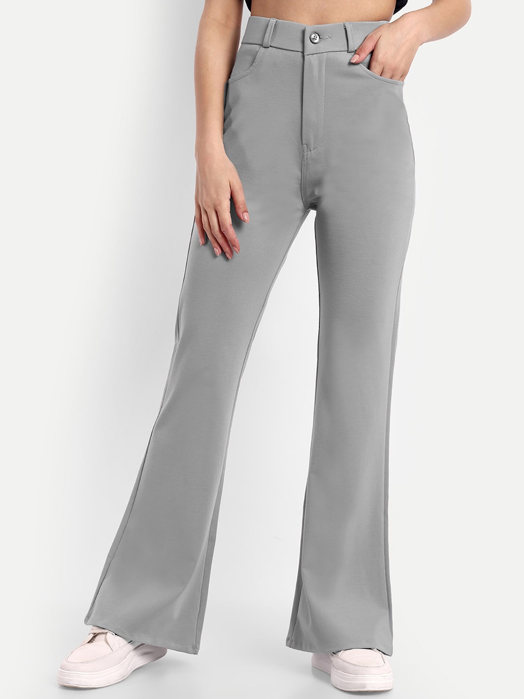 

BROADSTAR Women Grey Smart Flared High-Rise Easy Wash Bootcut Stretchable Trousers