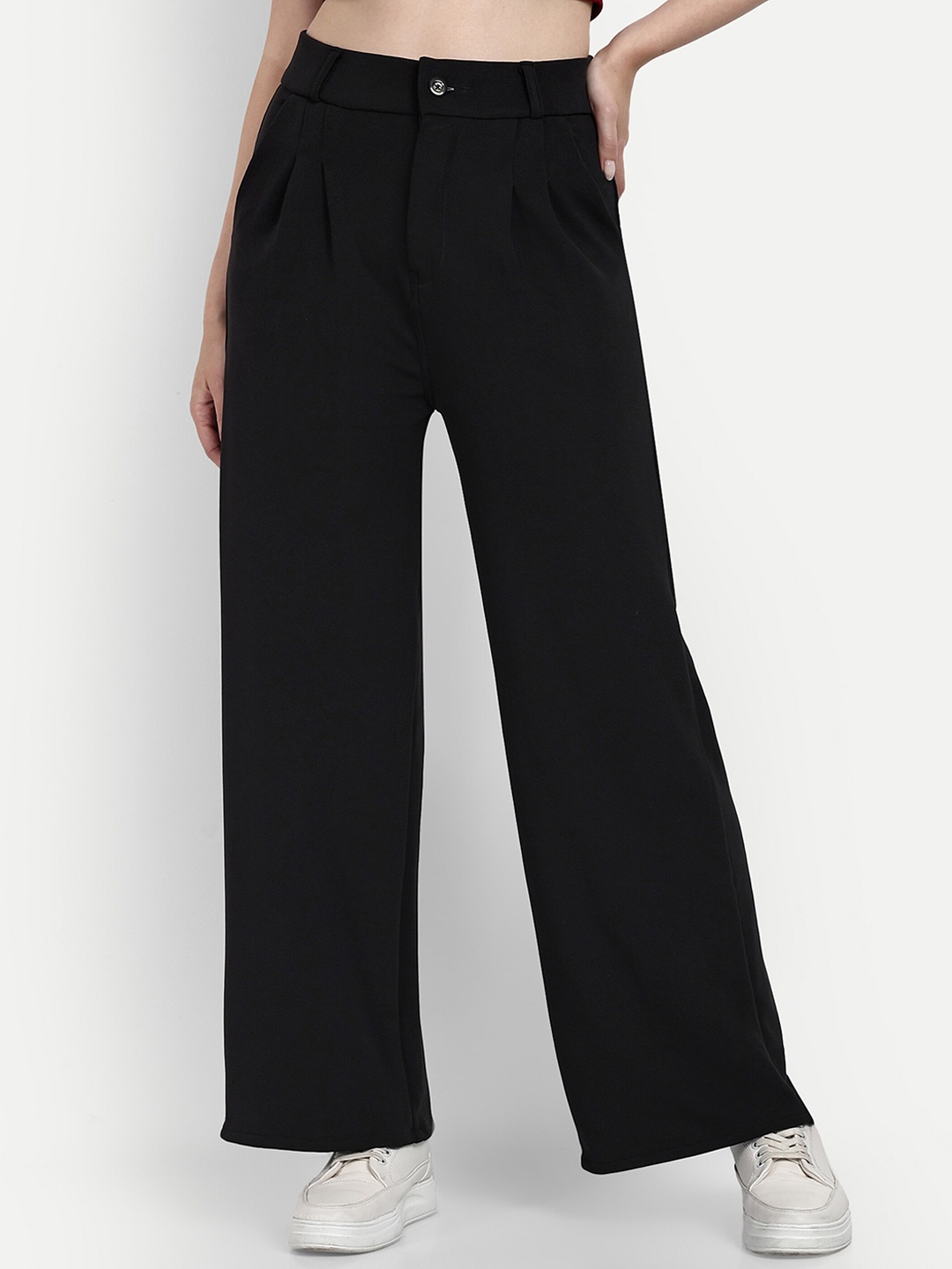 

BROADSTAR Women Smart Loose Fit High-Rise Easy Wash Pleated Cotton Parallel Trousers, Black