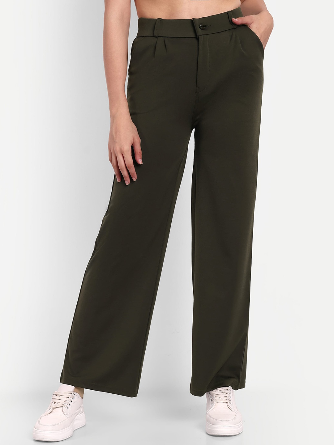 

BROADSTAR Women Smart Loose Fit High-Rise Easy Wash Cotton Parallel Trousers, Olive