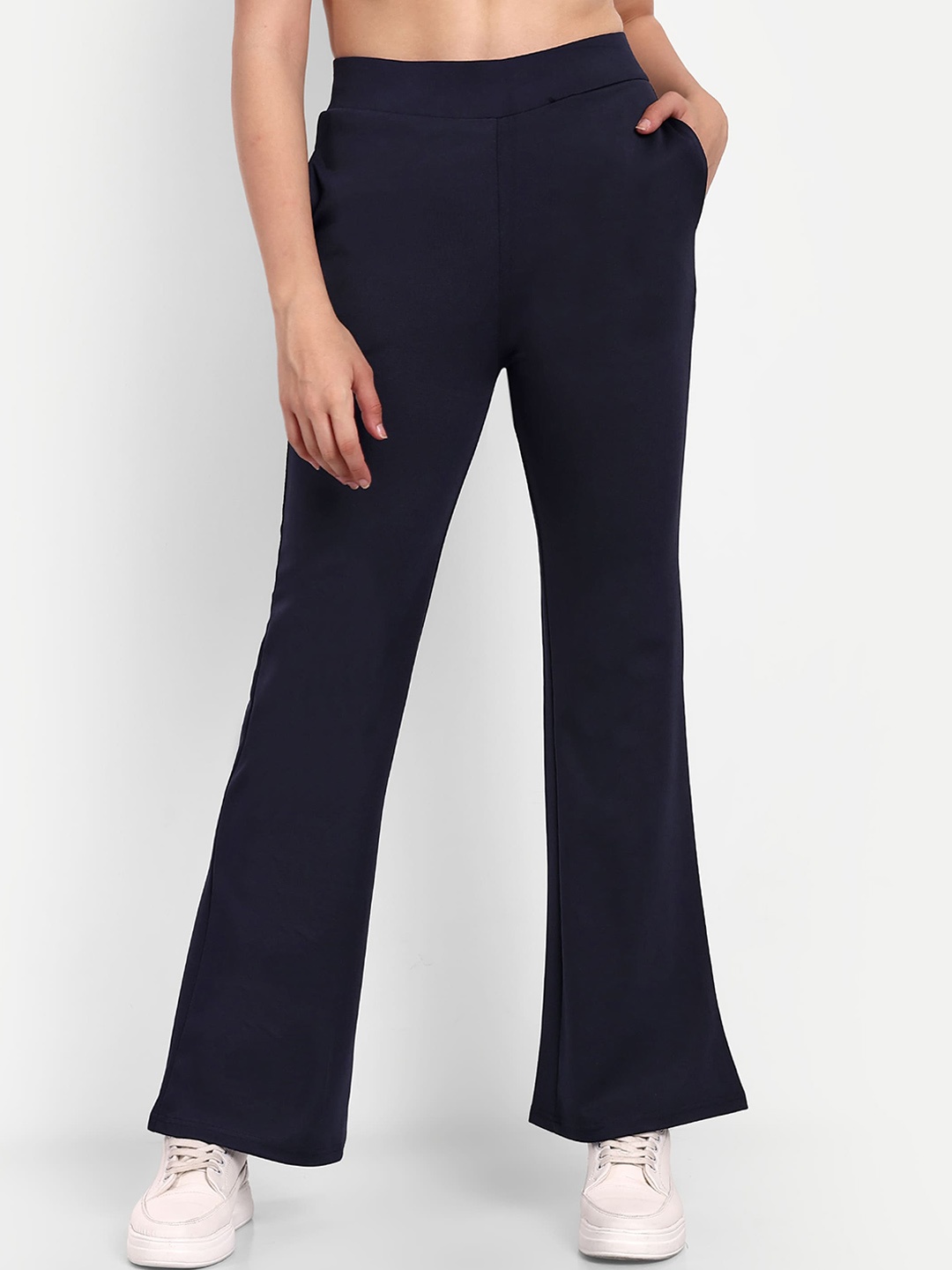 

BROADSTAR Women Smart Flared High-Rise Easy Wash Cotton Bootcut Trousers, Navy blue