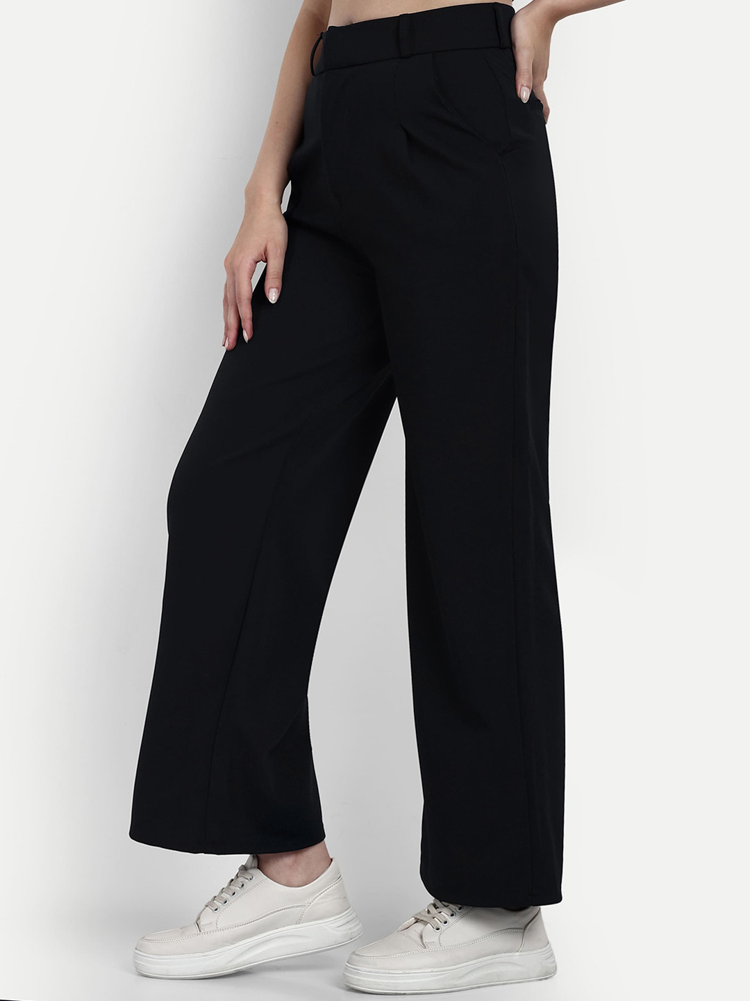

BROADSTAR Women Smart Loose Fit High-Rise Easy Wash Cotton Parallel Trousers, Navy blue