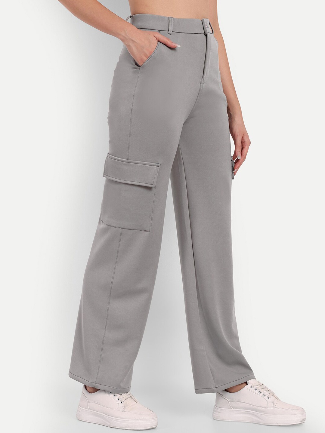 

BROADSTAR Women Straight Fit High-Rise Easy Wash Cargo Trousers, Grey