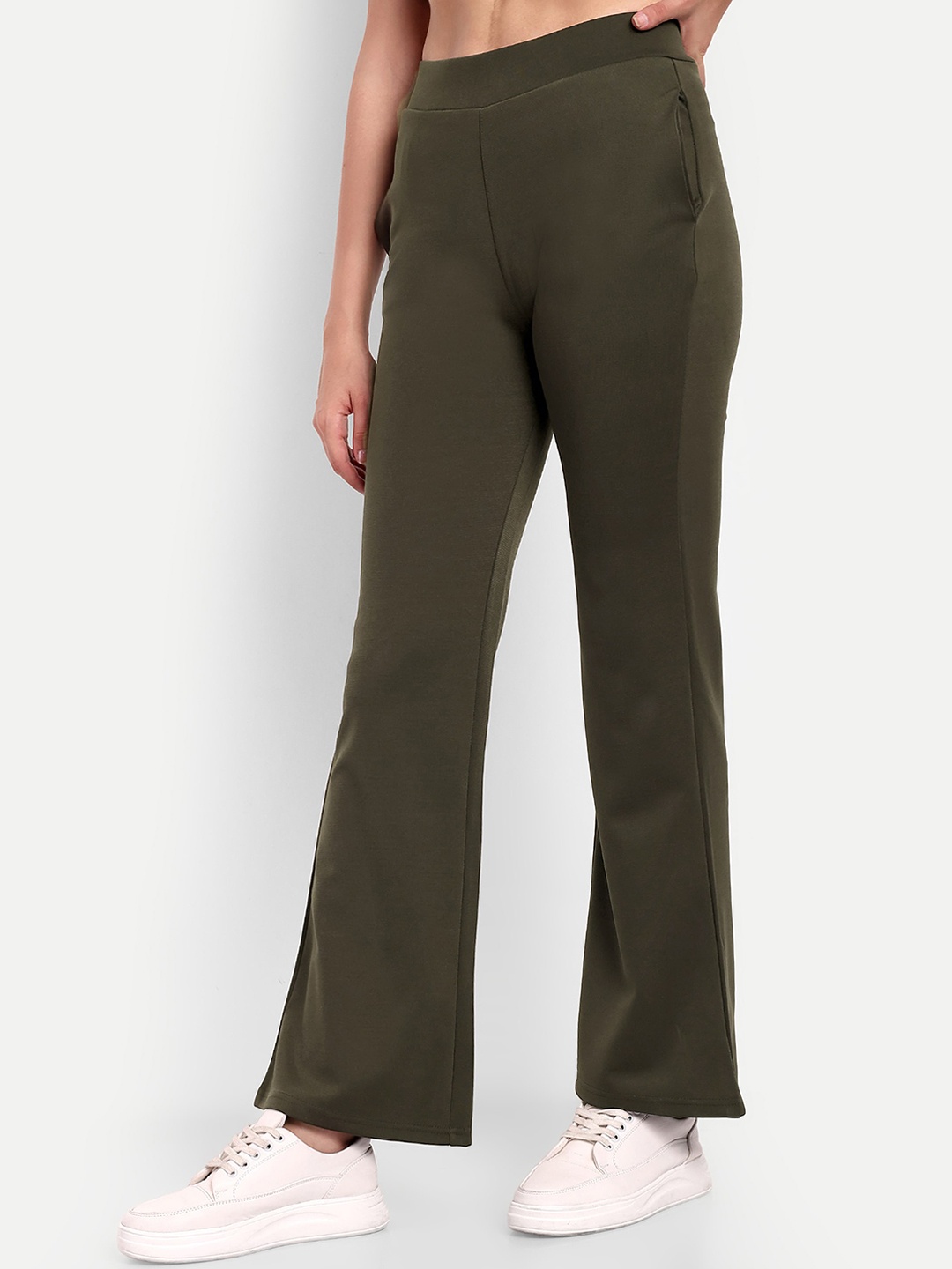 

BROADSTAR Women Smart Flared High-Rise Easy Wash Cotton Bootcut Trousers, Olive