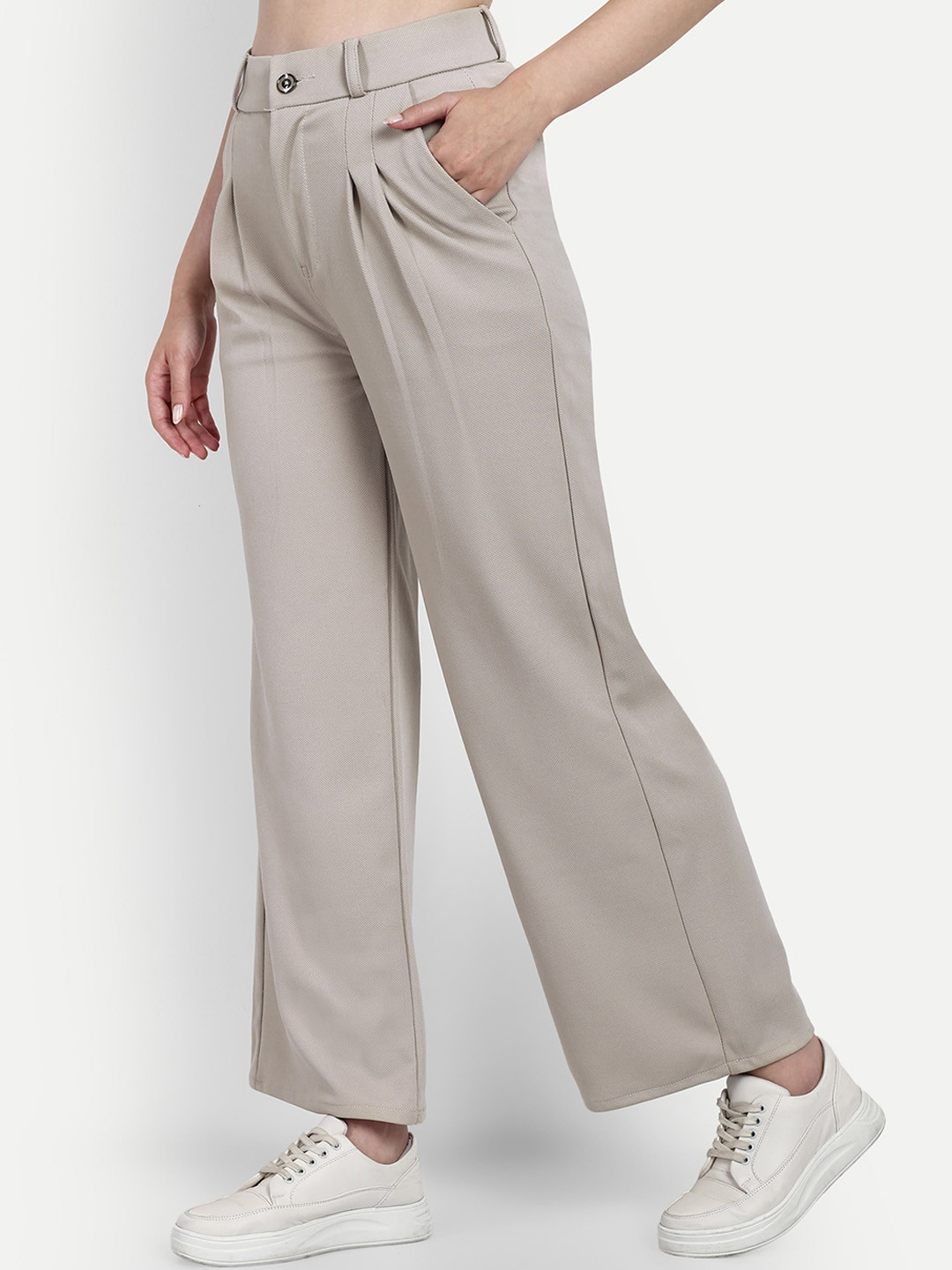 

BROADSTAR Women Smart Loose Fit High-Rise Easy Wash Cotton Parallel Trousers, Beige