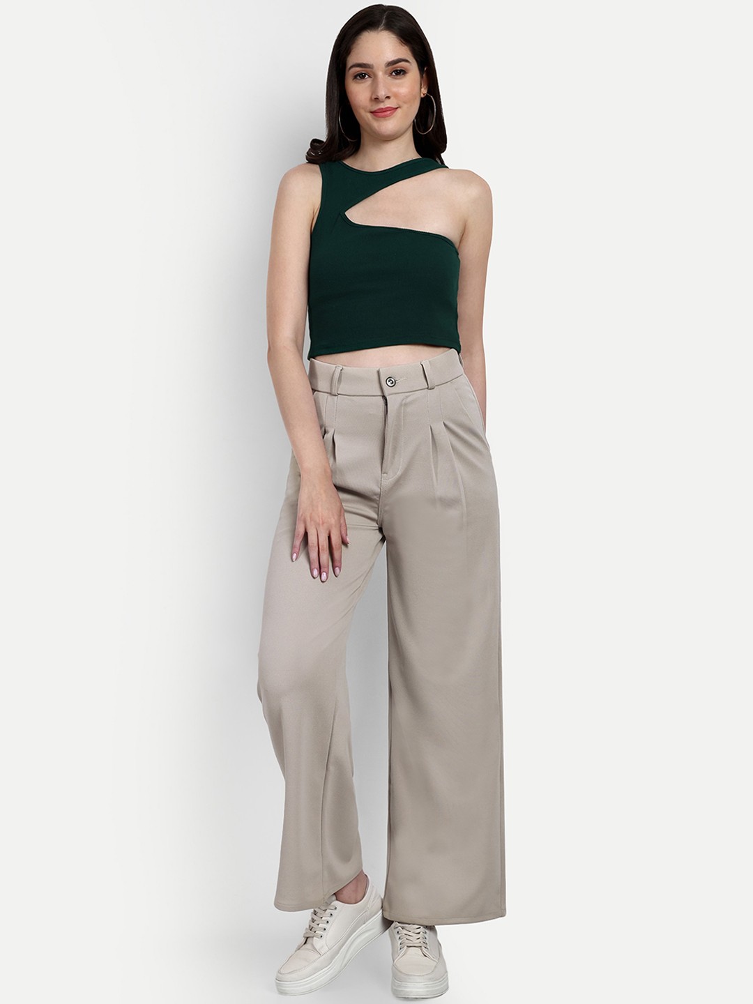 

BROADSTAR Women Smart Loose Fit High-Rise Easy Wash Parallel Trousers, Beige