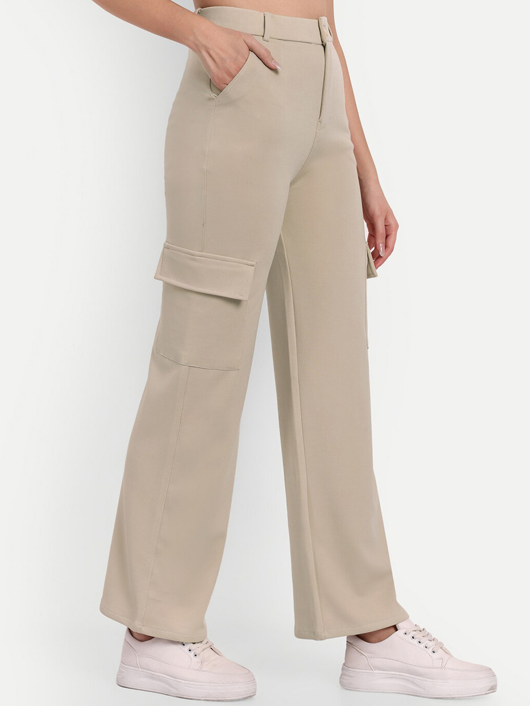 

BROADSTAR Women Smart Straight Fit High-Rise Easy Wash Cargo Trousers, Cream