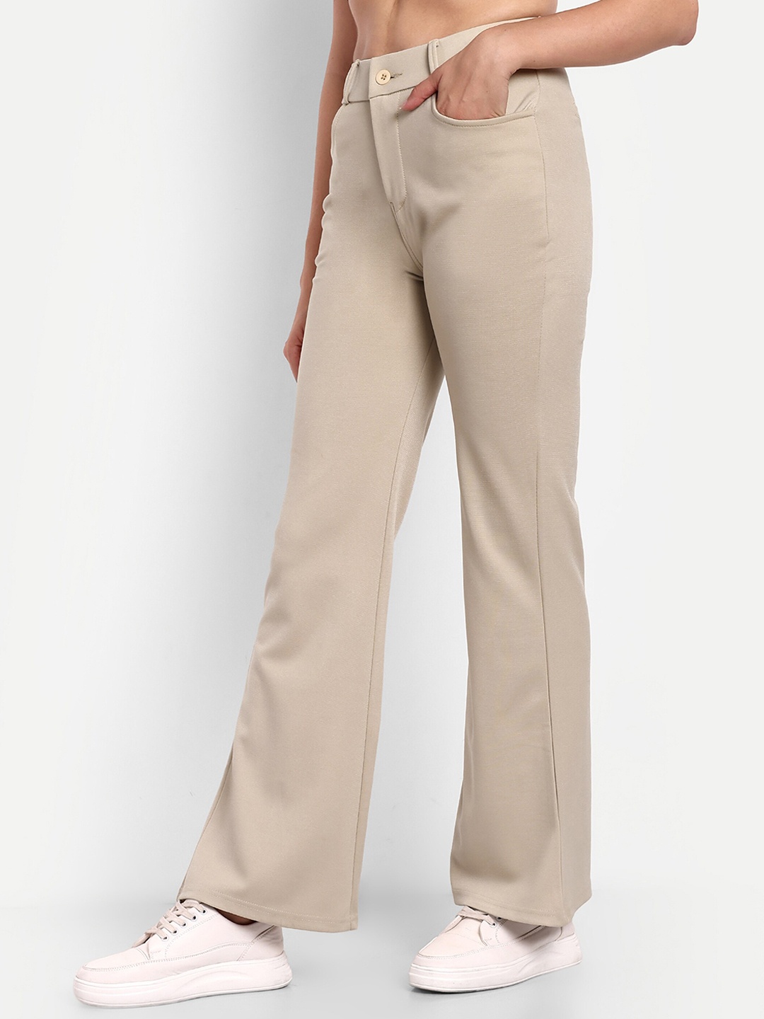 

BROADSTAR Women Smart Flared High-Rise Easy Wash Bootcut Trousers, Cream