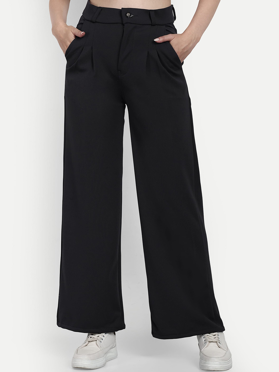 

BROADSTAR Women Smart Loose Fit High-Rise Easy Wash Pleated Cotton Trousers, Grey